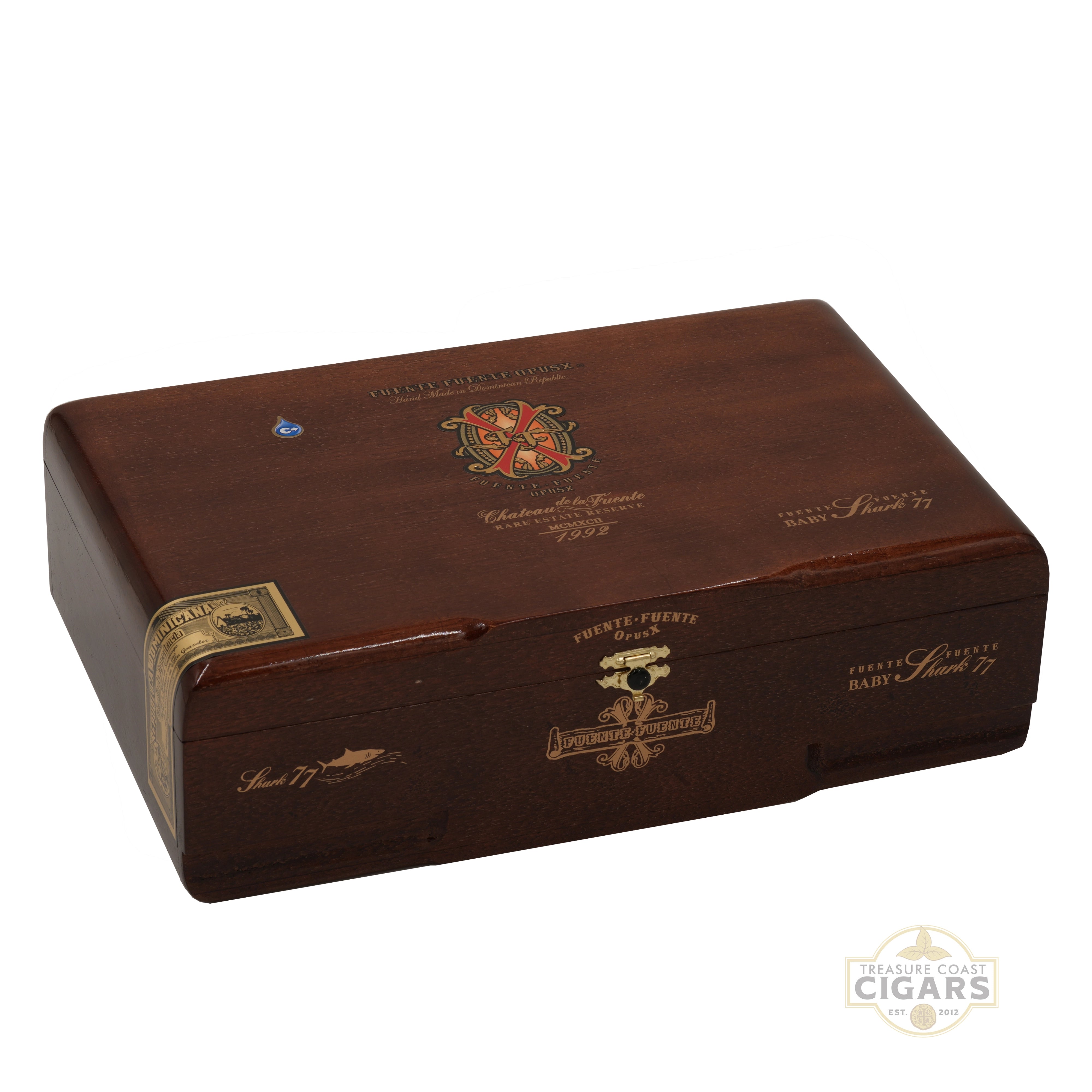 Opus X Baby Shark Wooden cigar box with brand logo on a white background