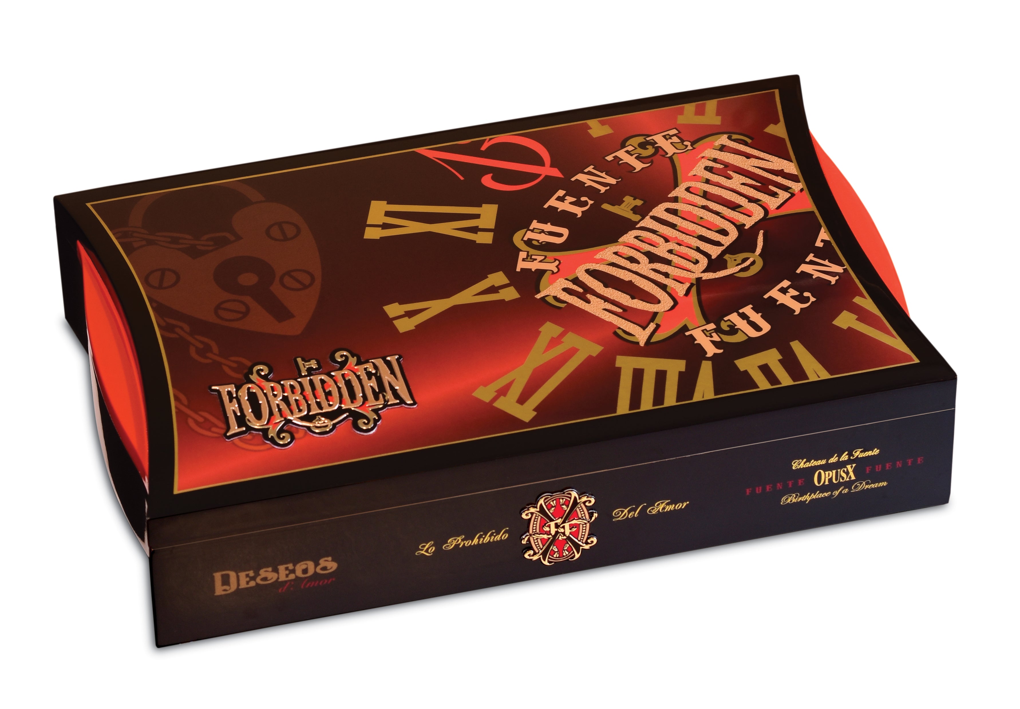 Opus X Forbidden X packaging with red and gold design