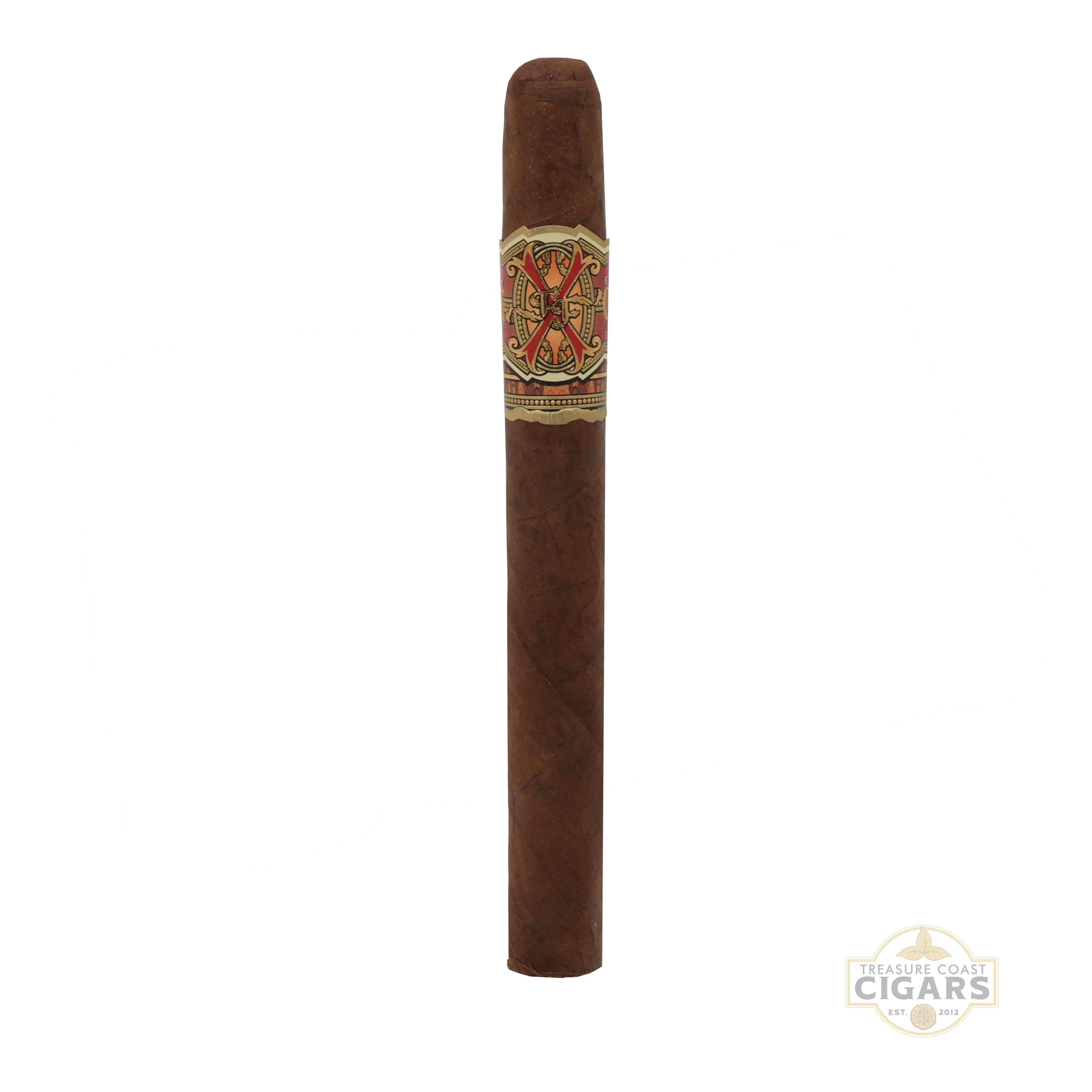 Opus X Cigar with an ornate band on a white background