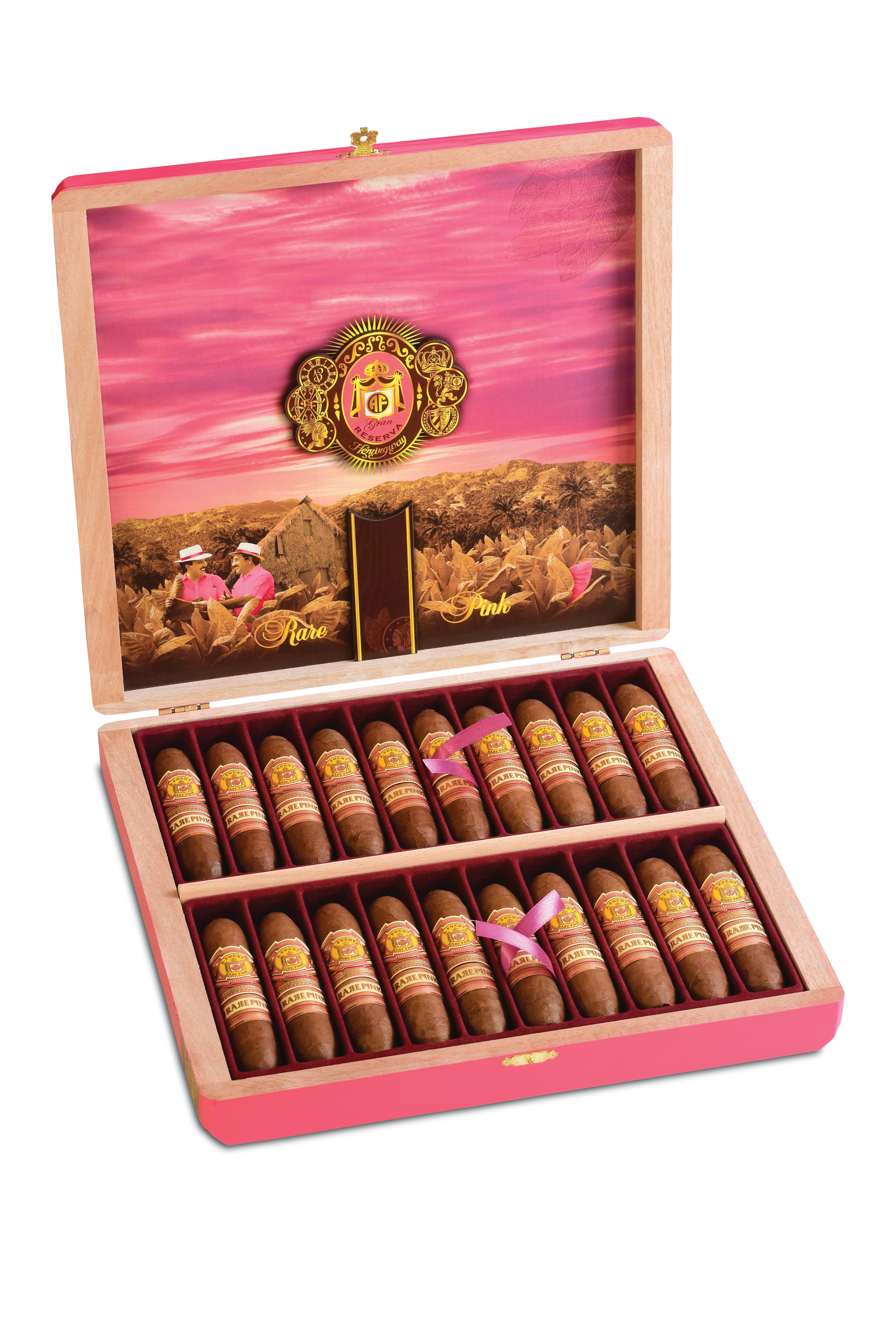 Open pink cigar box with cigars inside on a white background