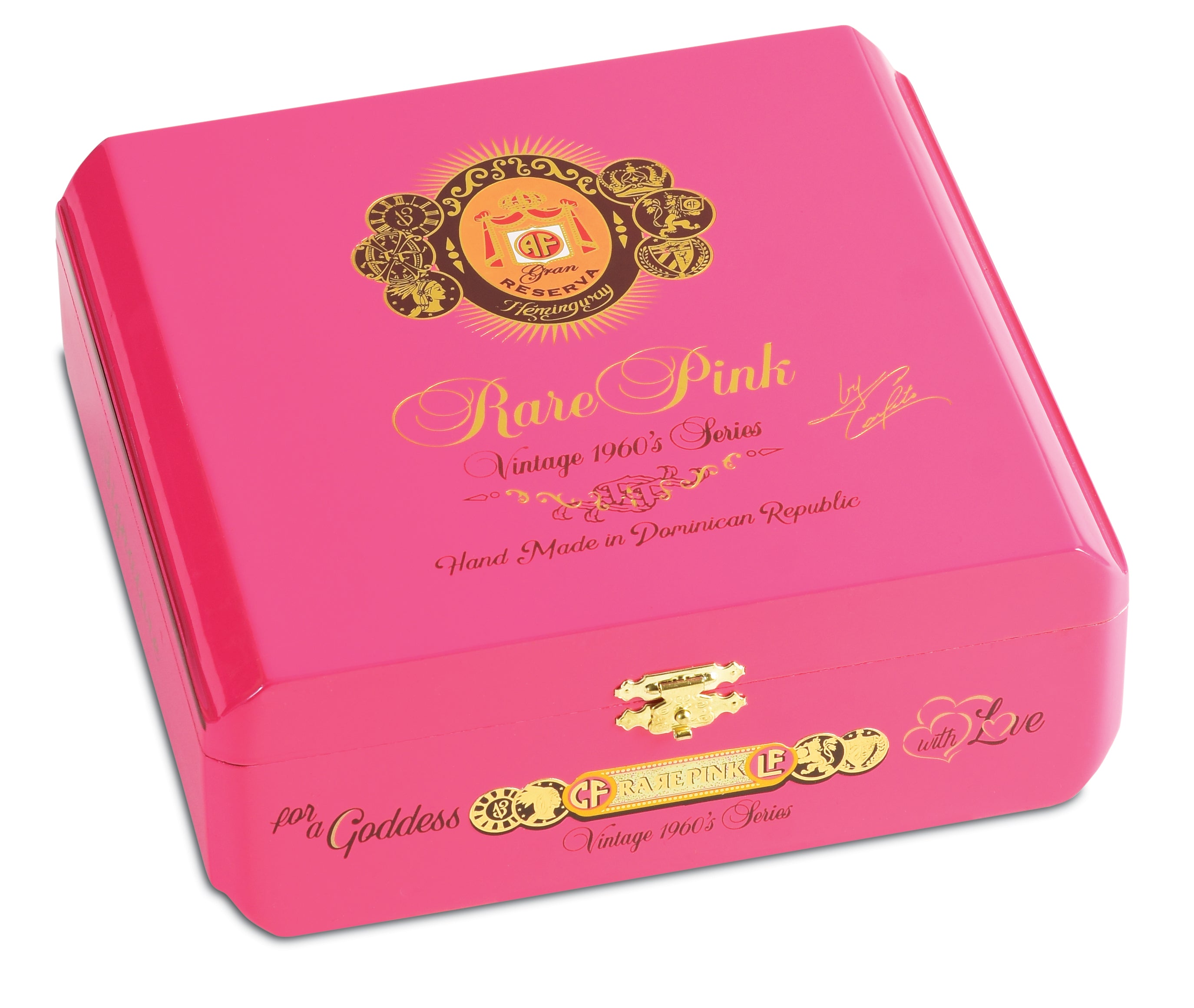 Pink cigar box with gold detailing on a white background