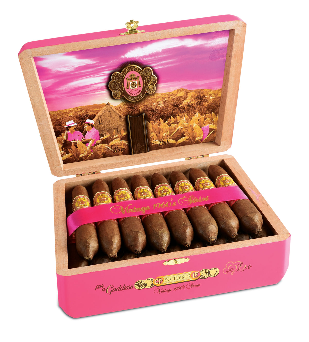 An open pink cigar box displaying cigars inside, with a colorful illustrated lid showing a tobacco field scene and a pink band across the cigars.
