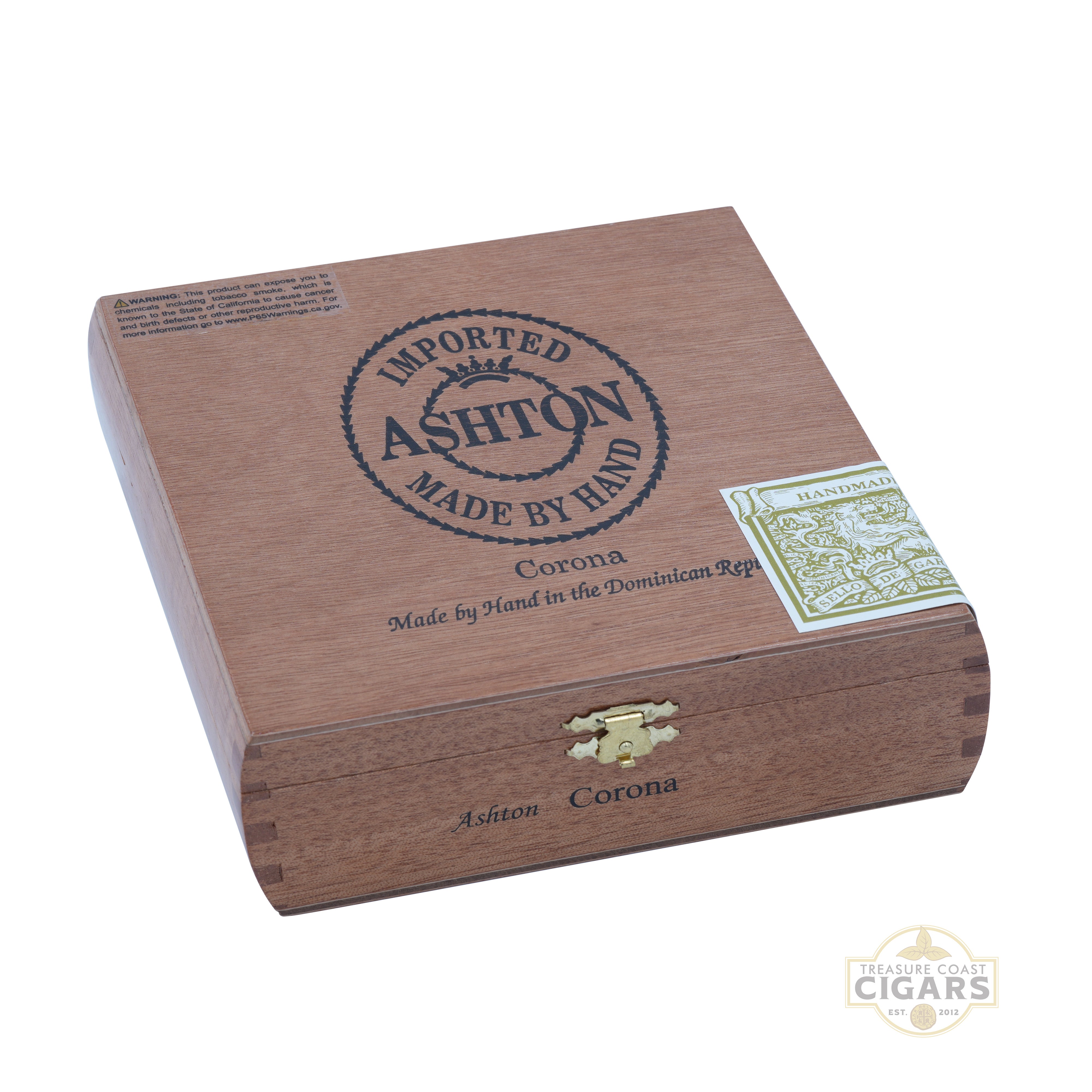 Wooden cigar box with Ashton branding on a white background