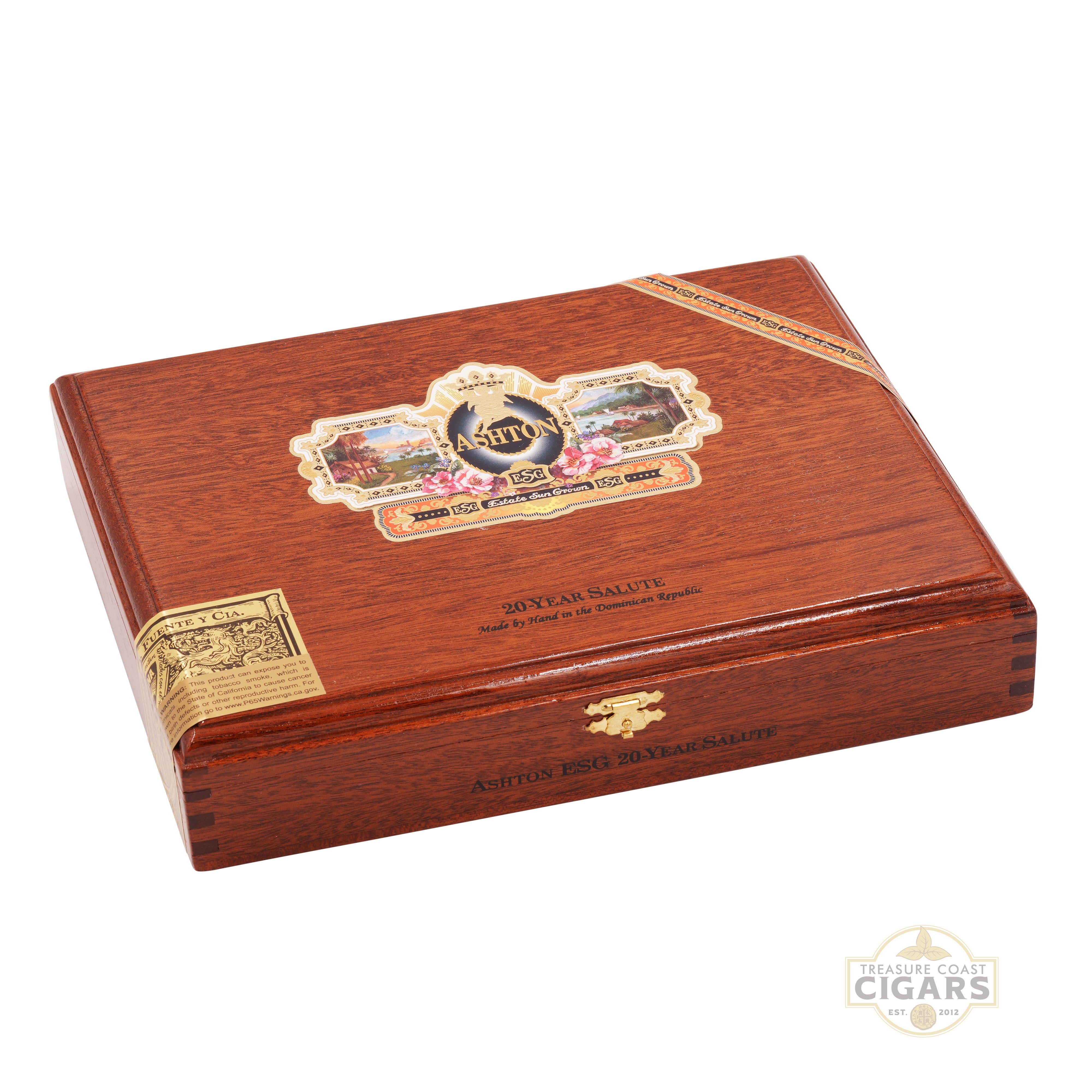 Wooden cigar humidor with decorative label on a white background