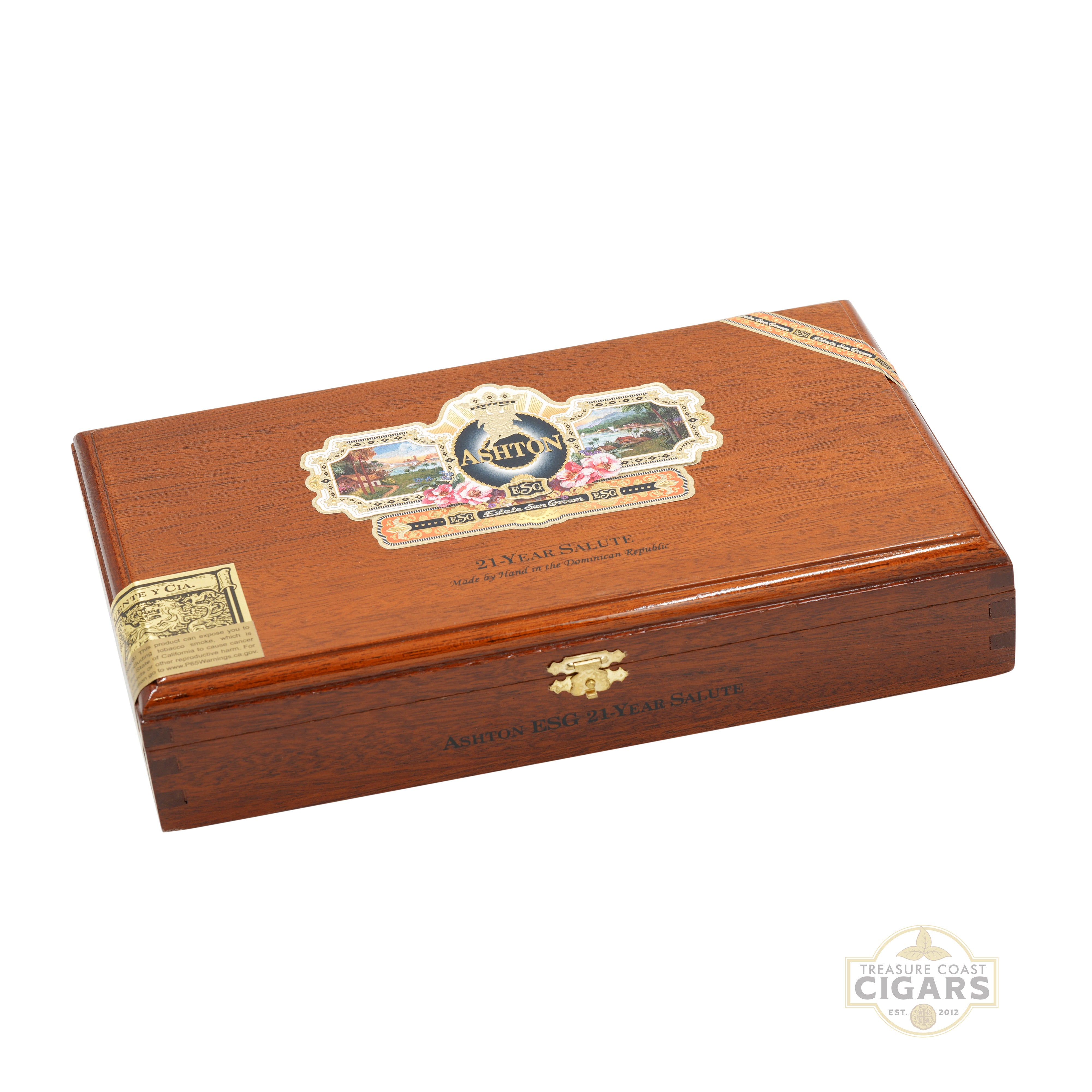Wooden cigar box with decorative label on a white background