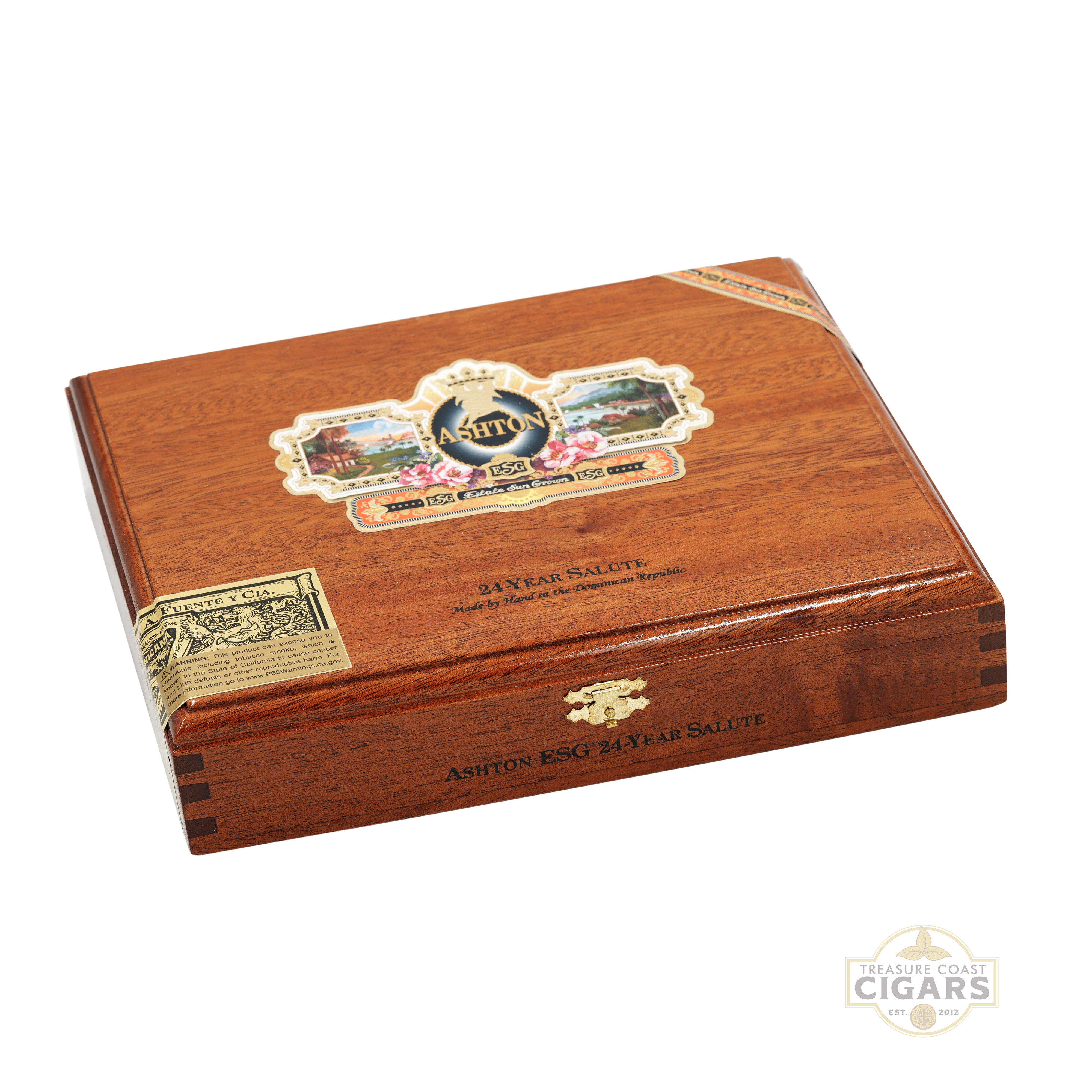 Wooden cigar box with intricate designs and branding on a white background