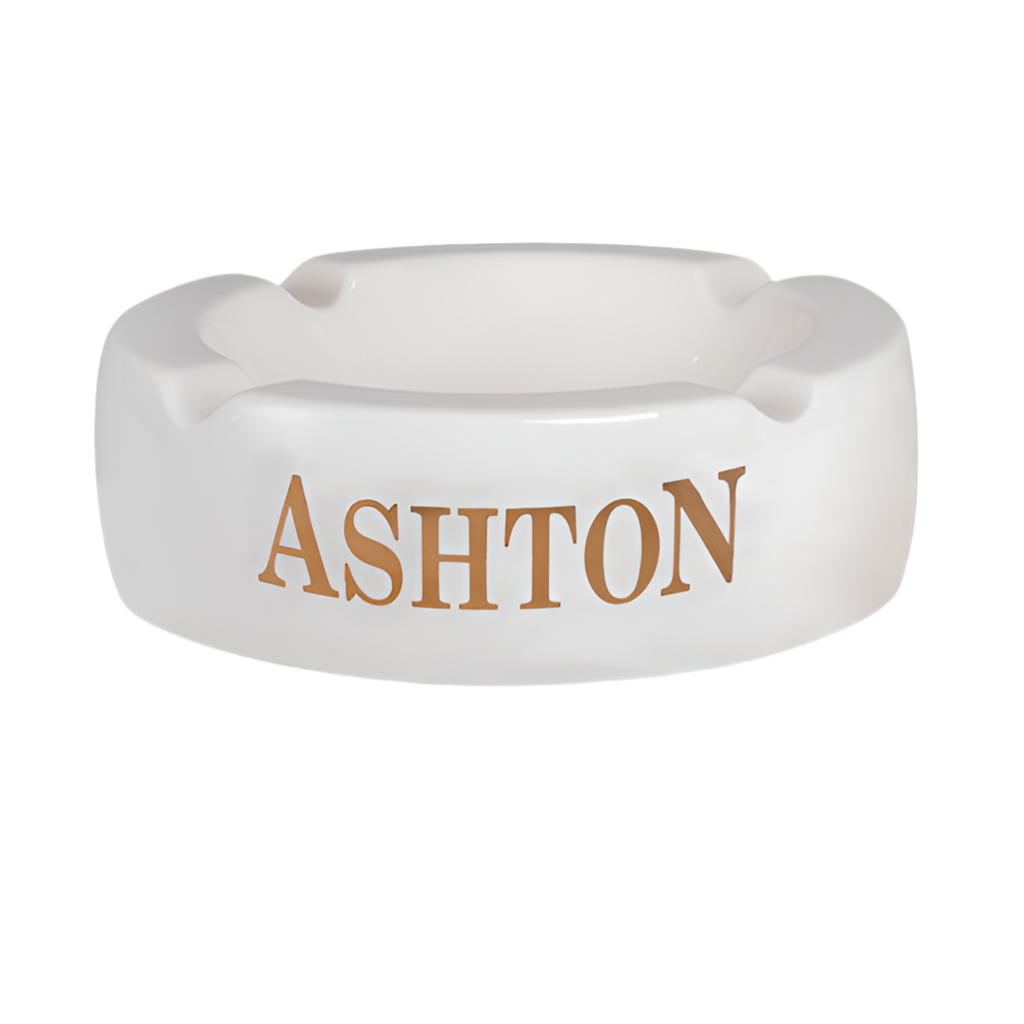 White ashtray with 'Ashton' branding on a white background