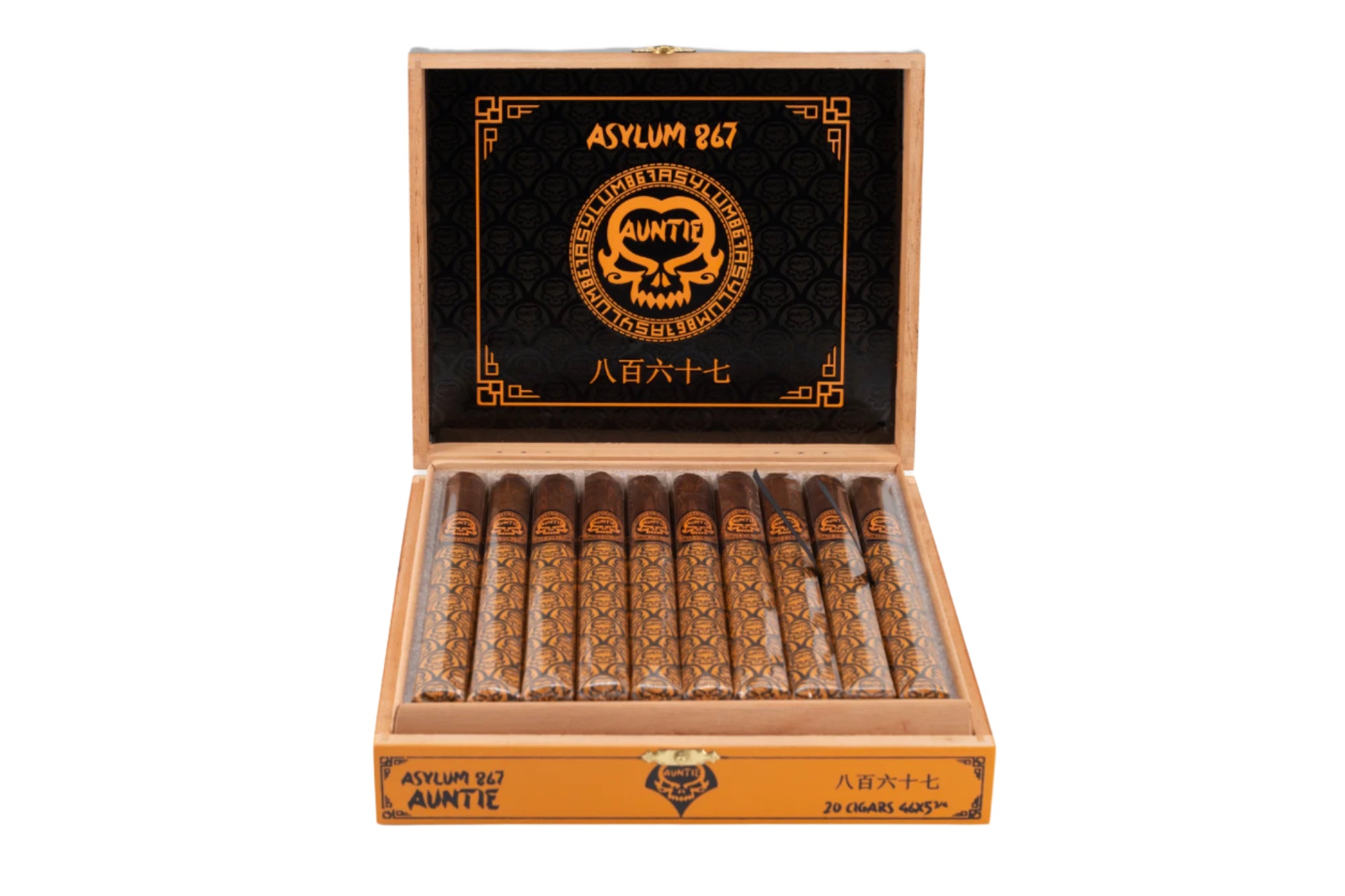 Open box of Asylum 867 Auntie cigars with visible branding on a white background