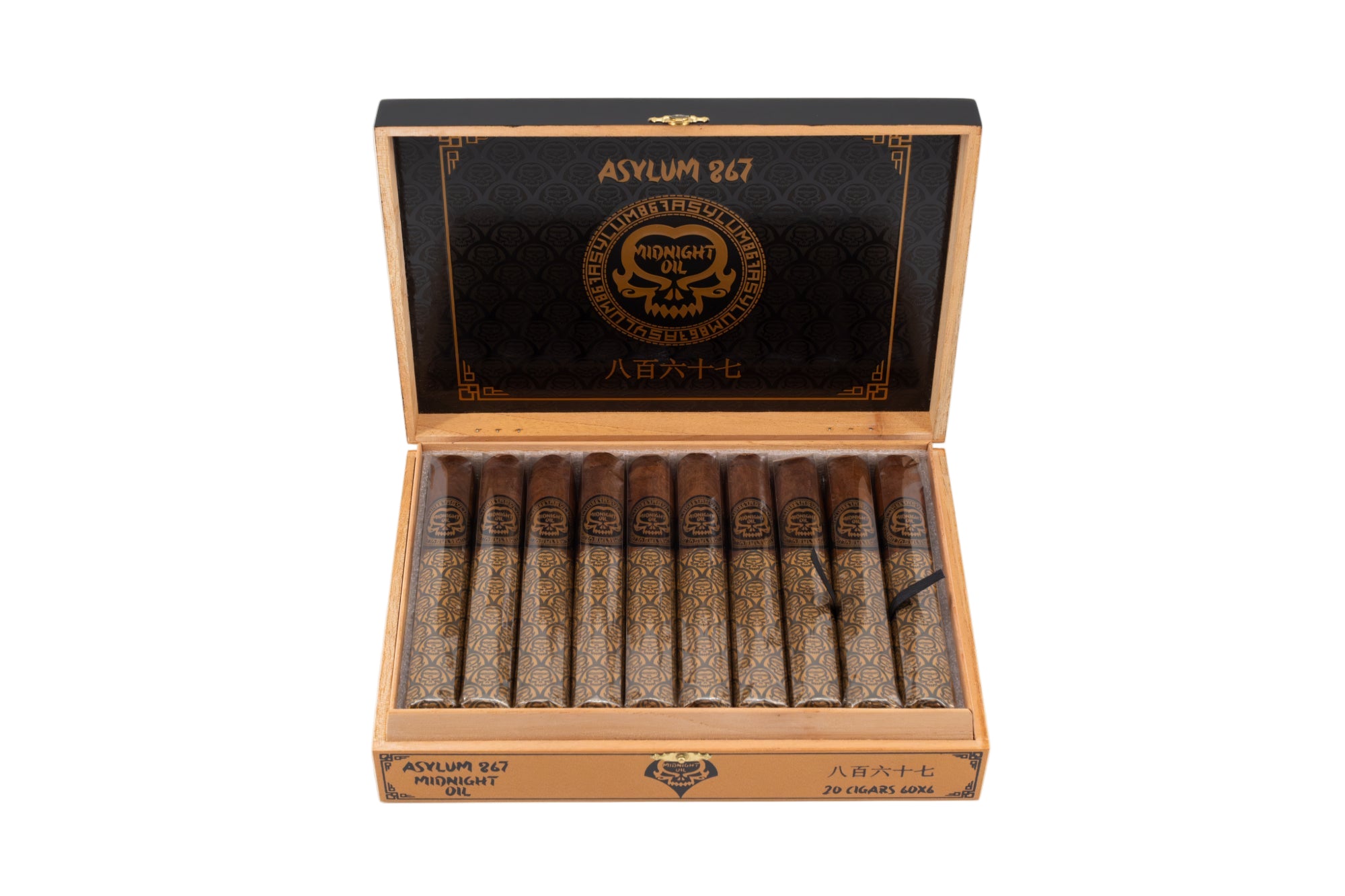 Open cigar box with cigars inside on a white background