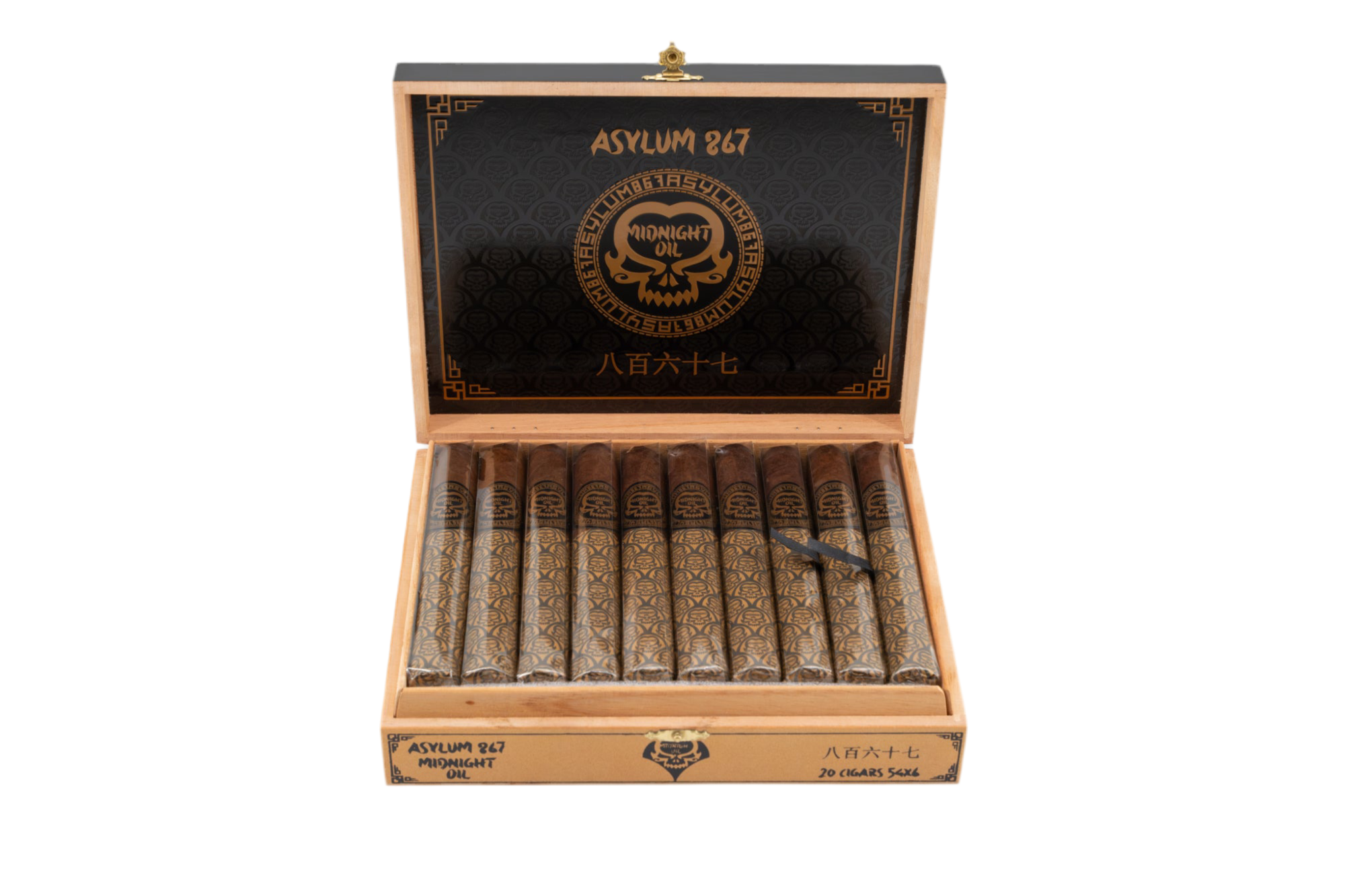 Open wooden cigar box with cigars inside, featuring 'Asylum 867' branding.