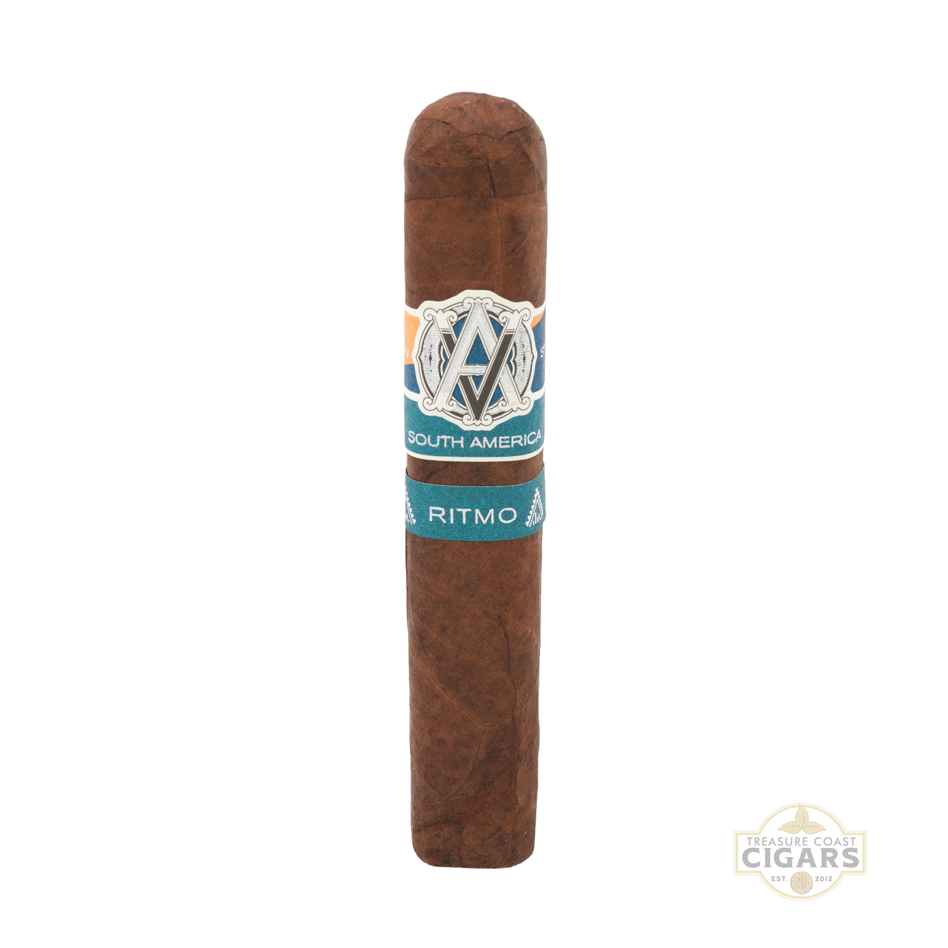 Cigar with a blue band featuring branding on a white background