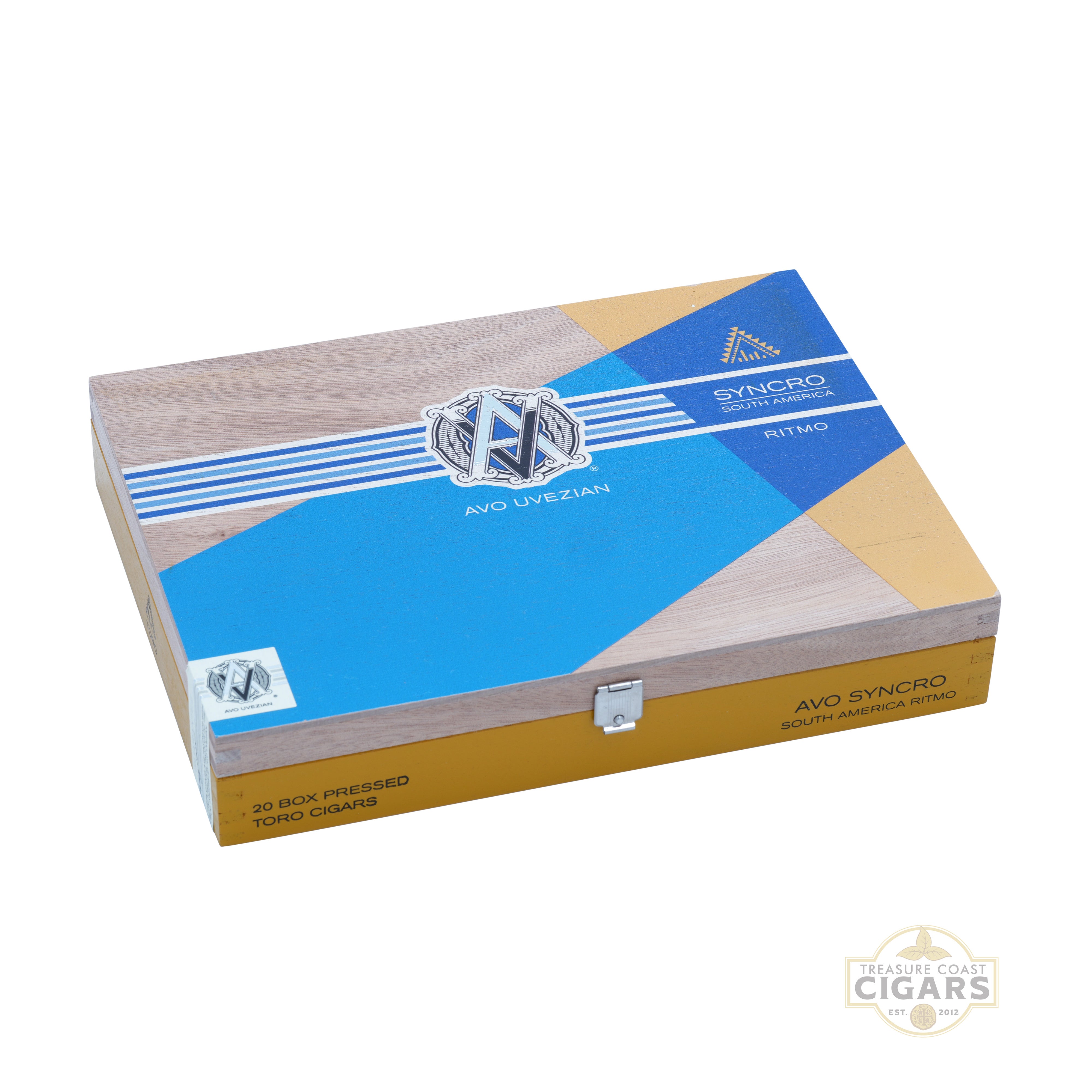 Avo Syncro South America Ritmo Toro cigar box with blue and yellow design on a white background