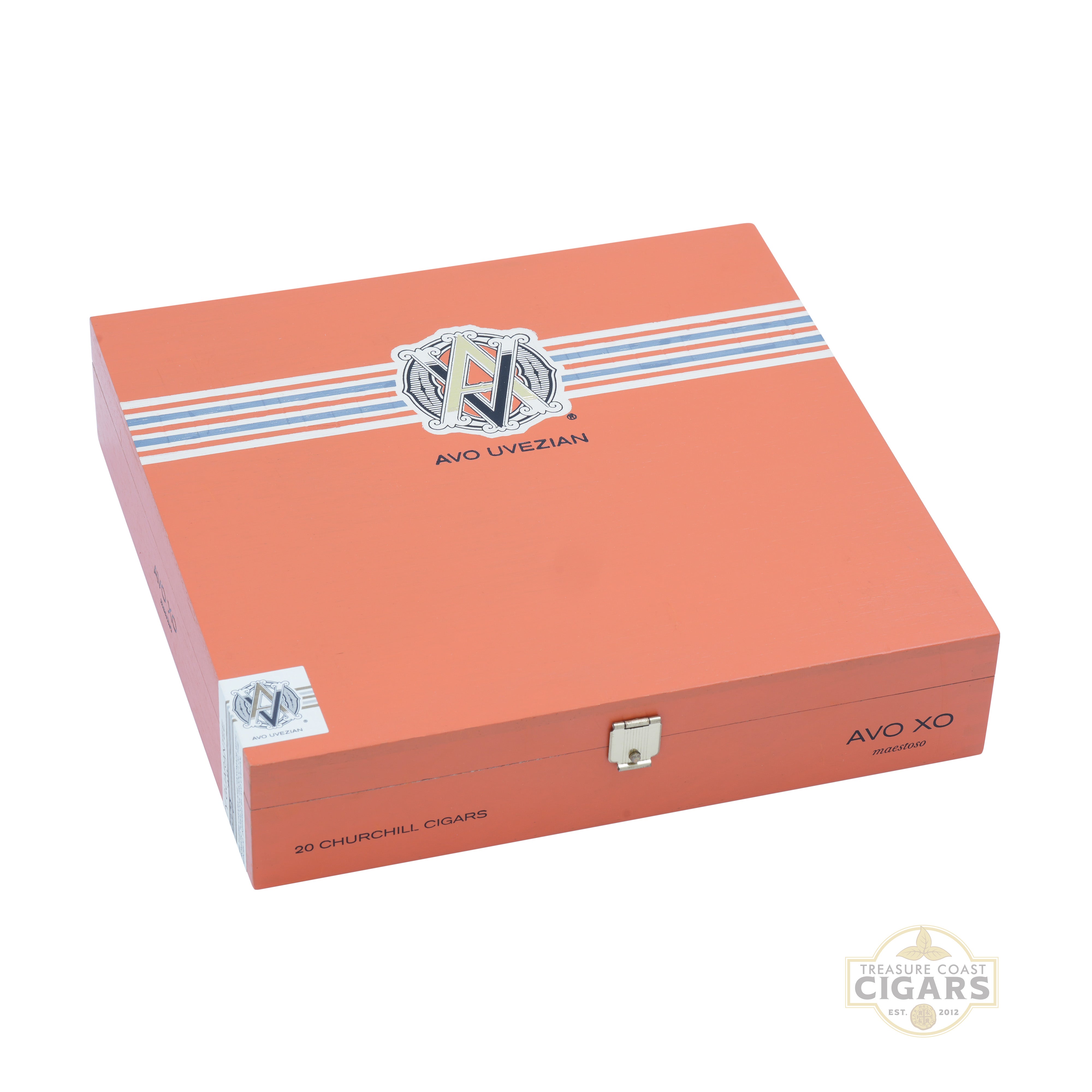 Cigar box with AVO Uvezian logo on a white background