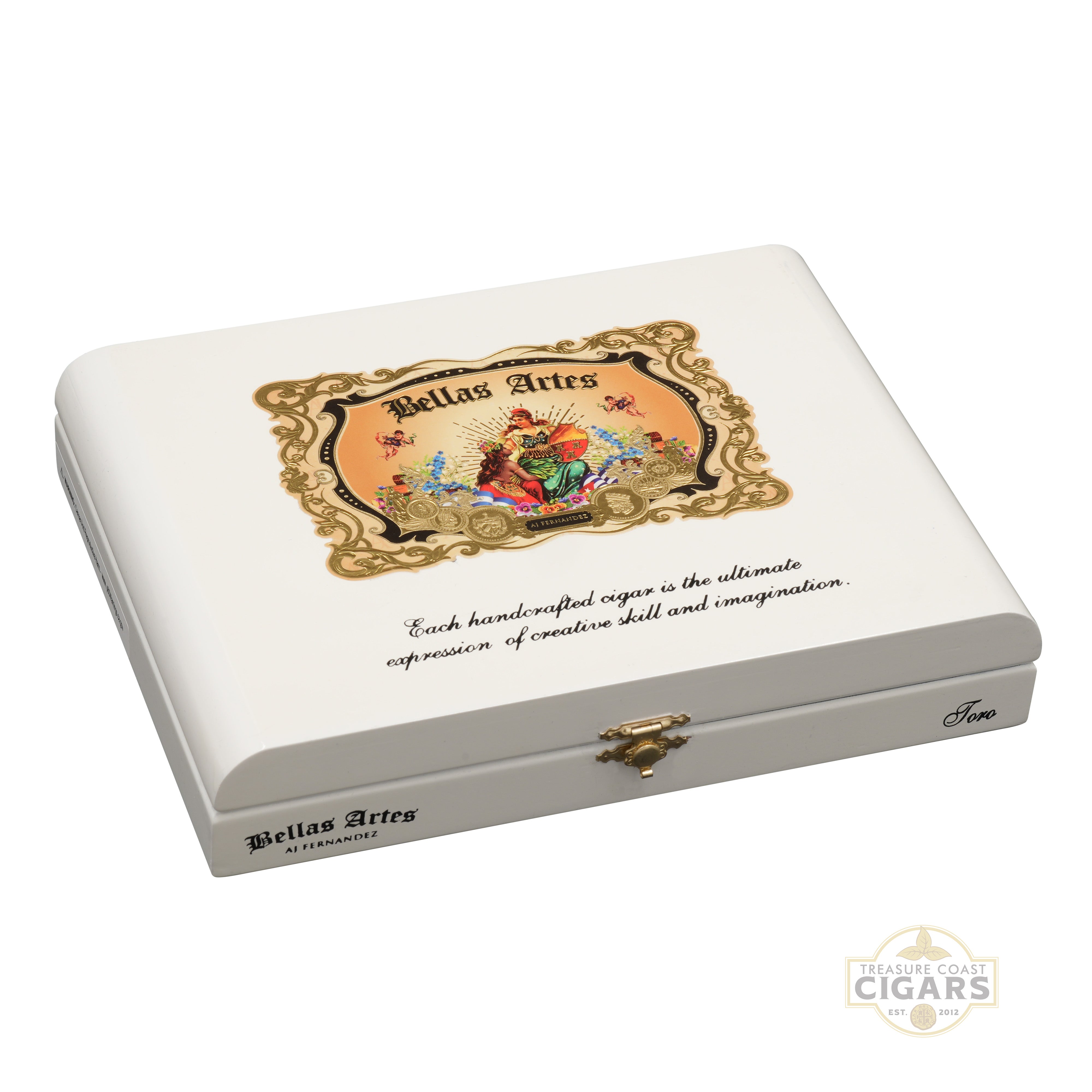 A closed white wooden cigar box for Bellas Artes by AJ Fernandez, viewed at an angle from above. The lid features an ornate, colorful central label with gold filigree borders depicting a vibrant classical painting of figures in elaborate attire.
