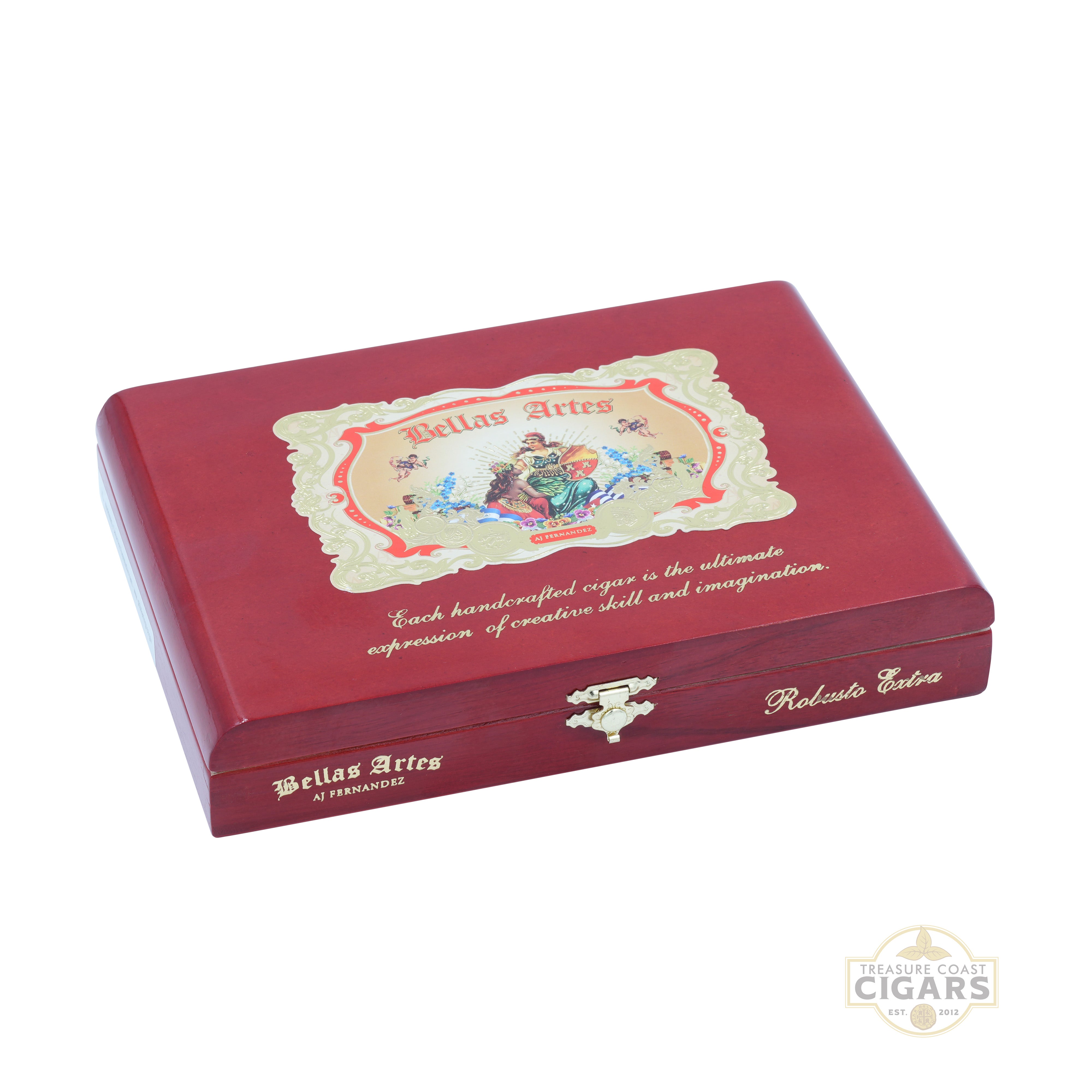 Red cigar box with decorative design and text on a white background