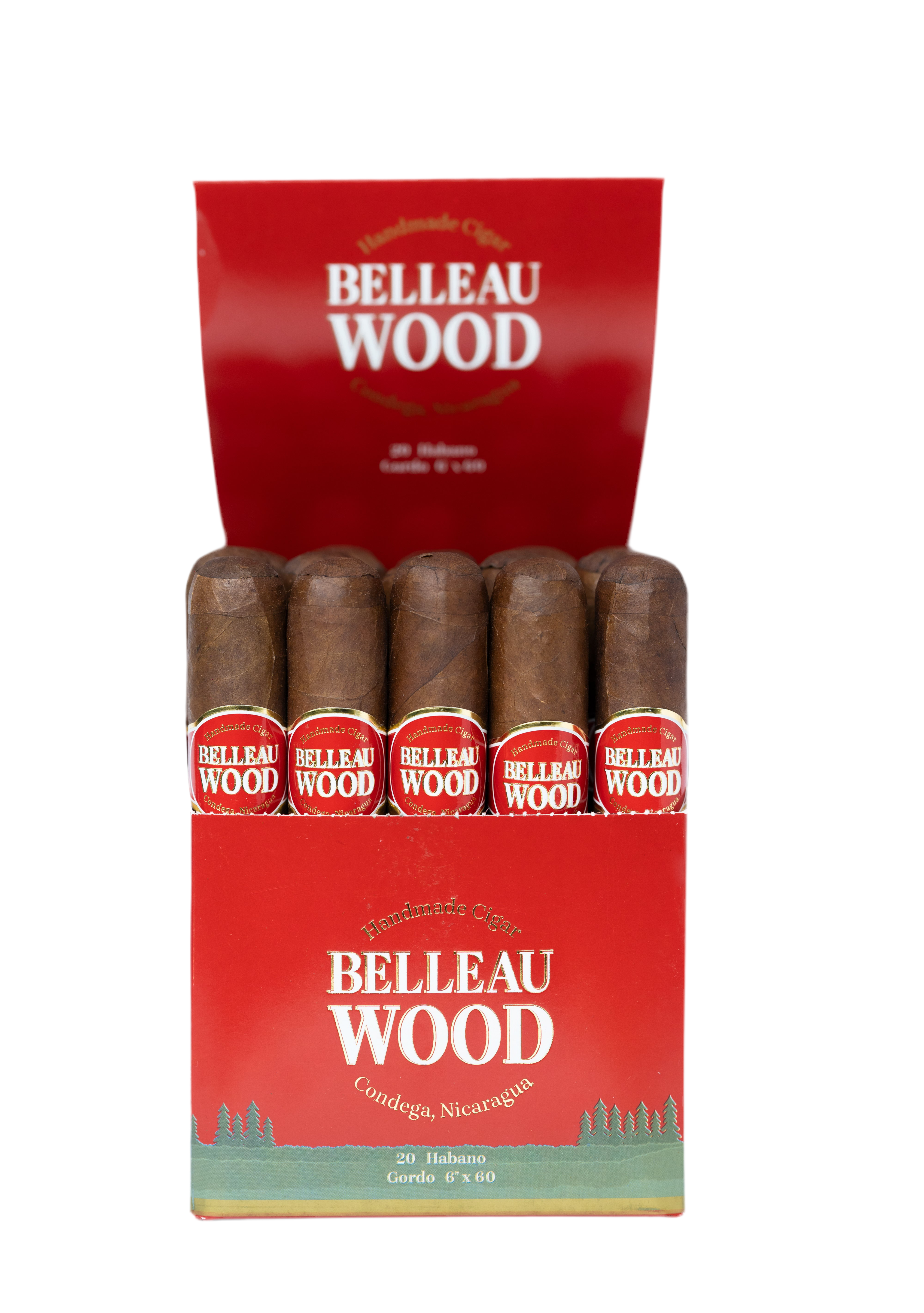 Bundle of Belleau Wood habano robusto cigars with a red and green label on a white background
