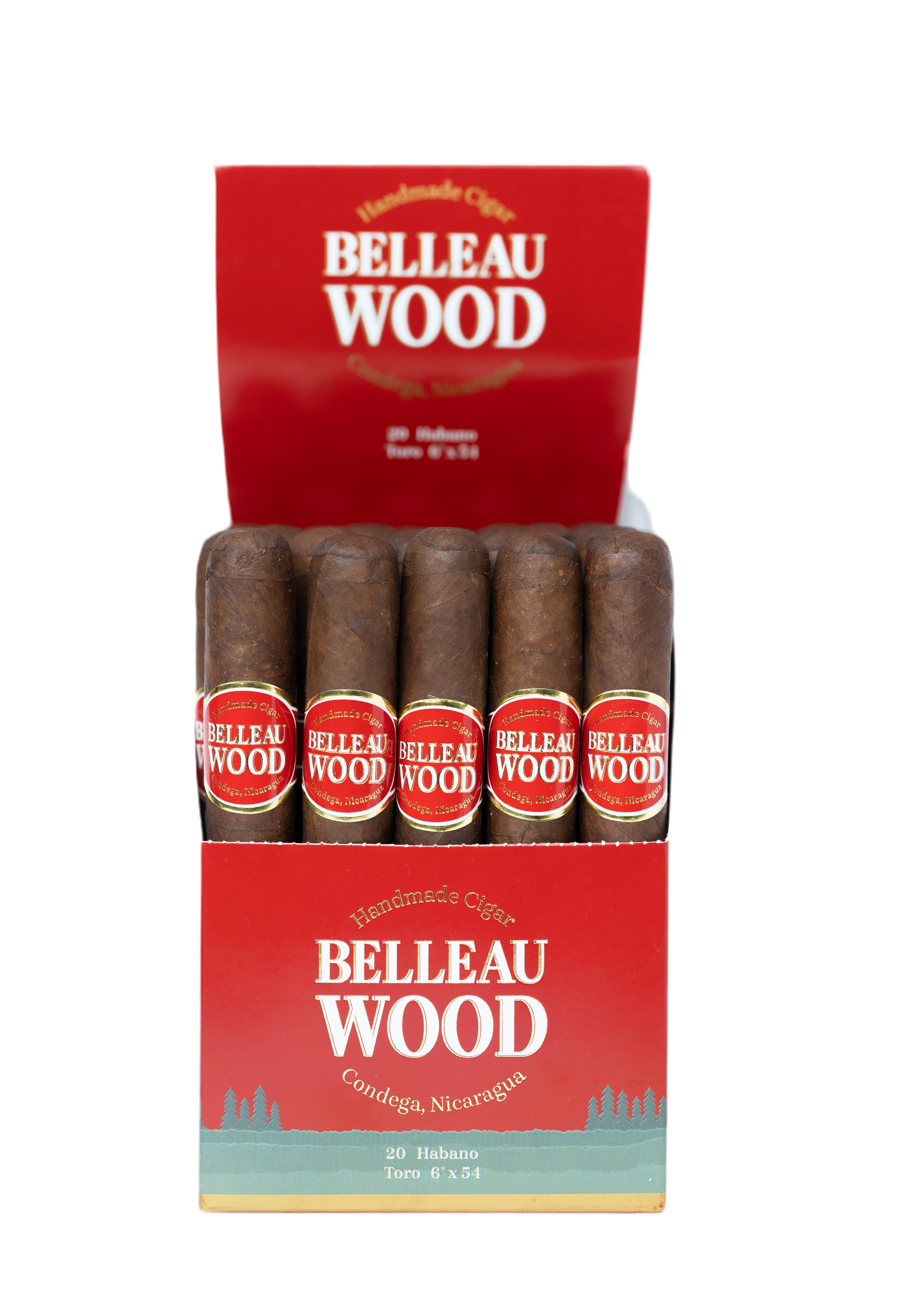 Box of Belleau Wood Habano Toro cigars with red and brown packaging on a white background