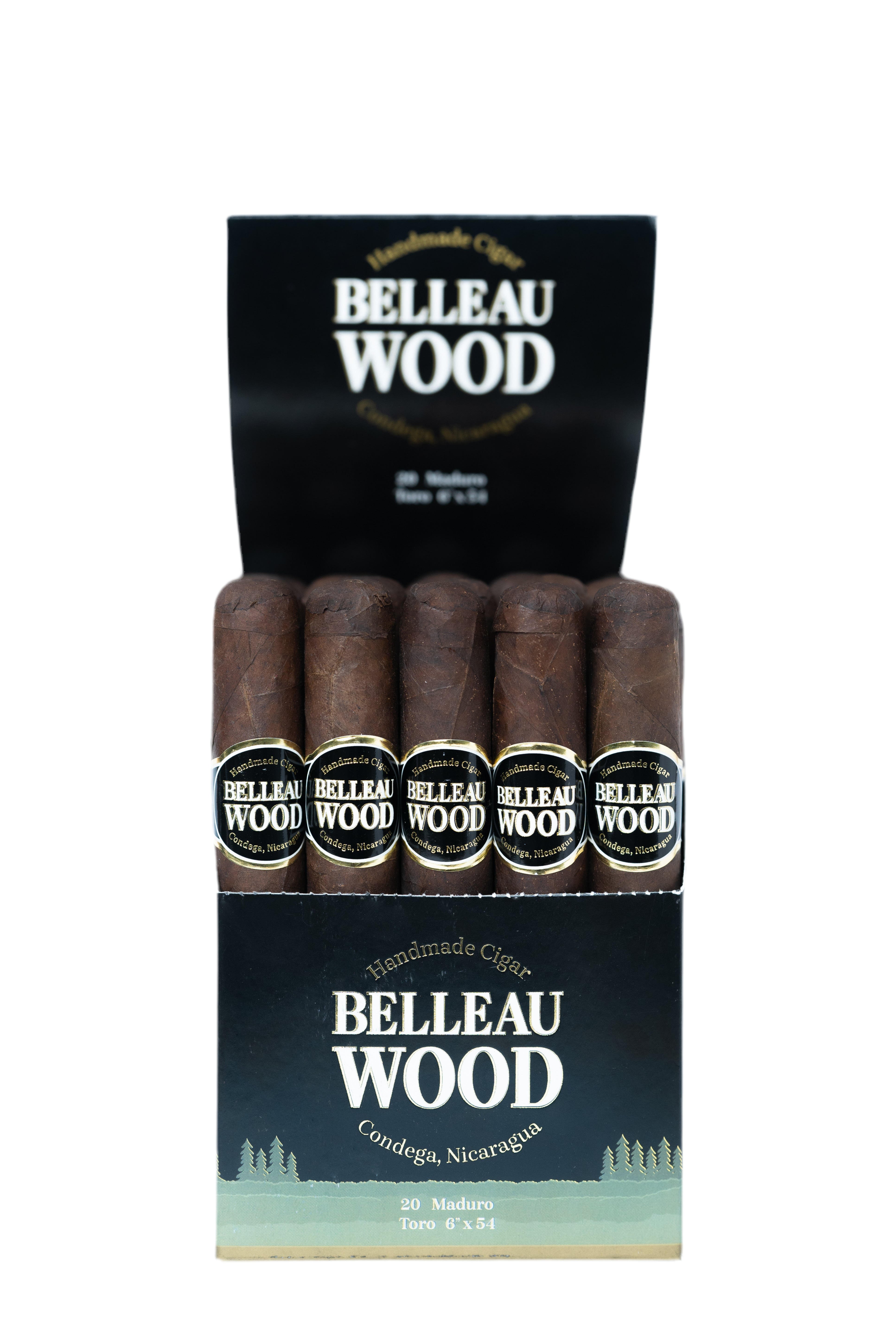 Box of Belleau Wood maduro robusto cigars with black and green packaging on a white background
