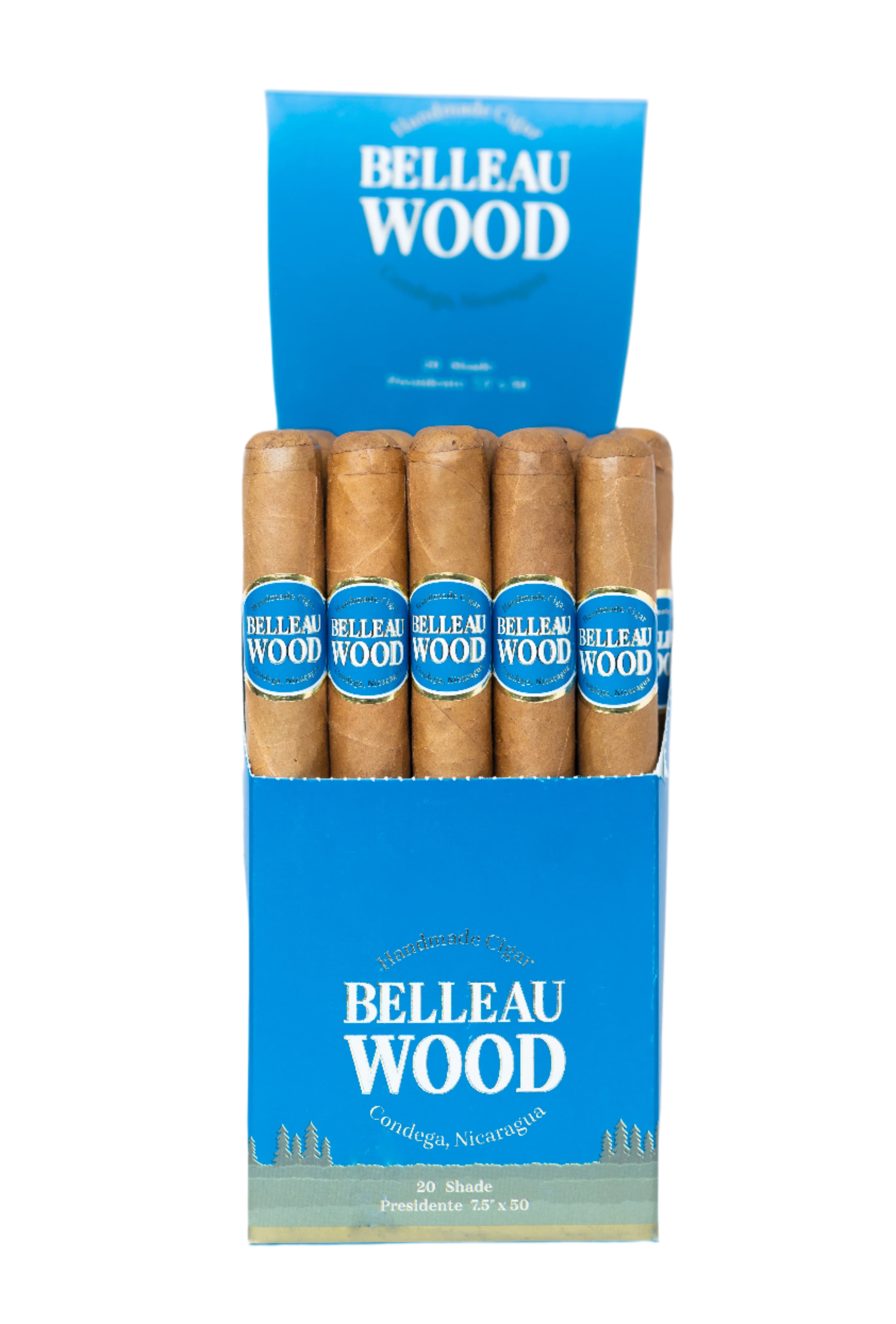 Open Box of Belleau Wood cigars with blue and brown packaging on a light gray background