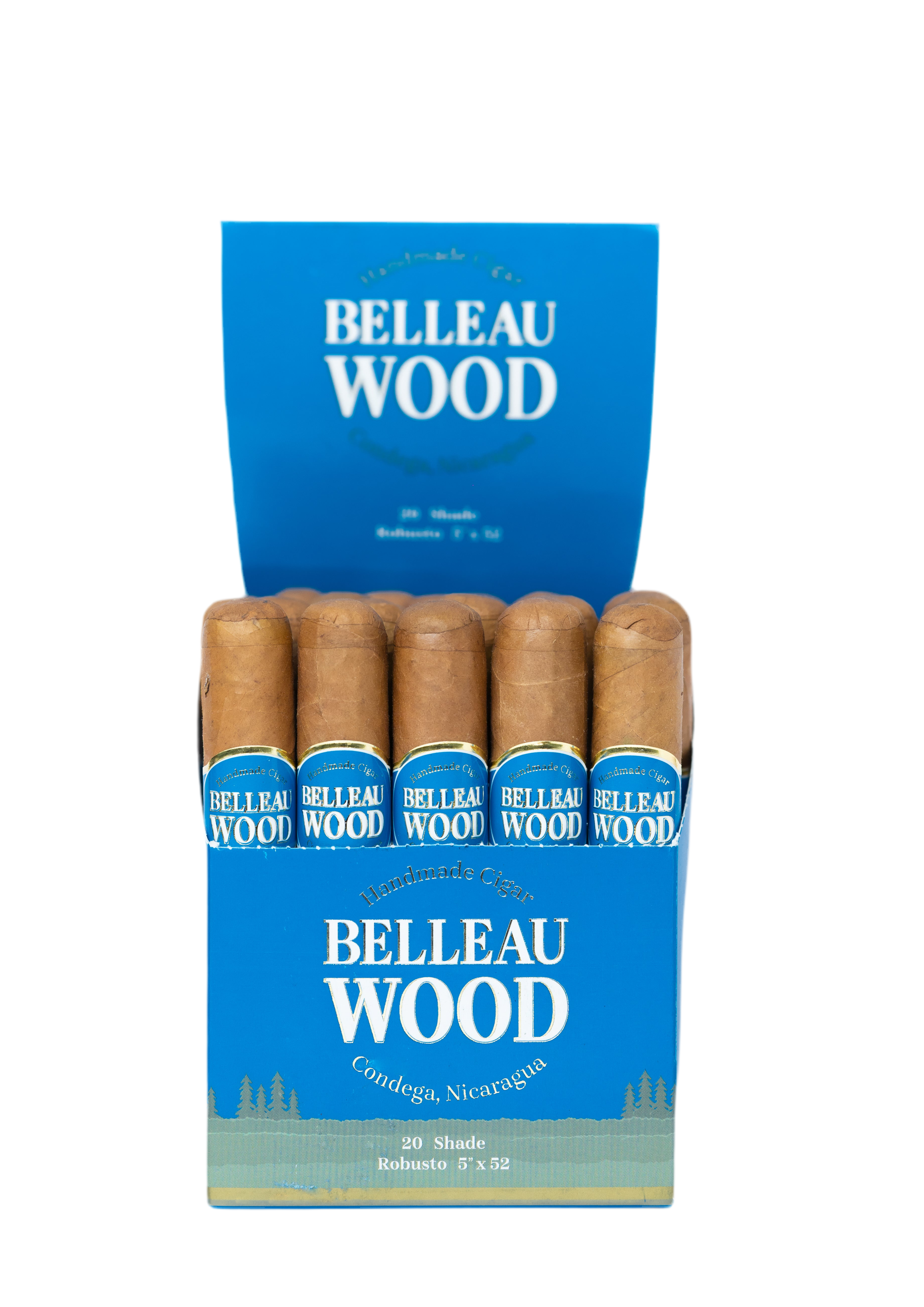 Open box of Belleau Wood Shade robusto cigars with blue and white packaging on a white background