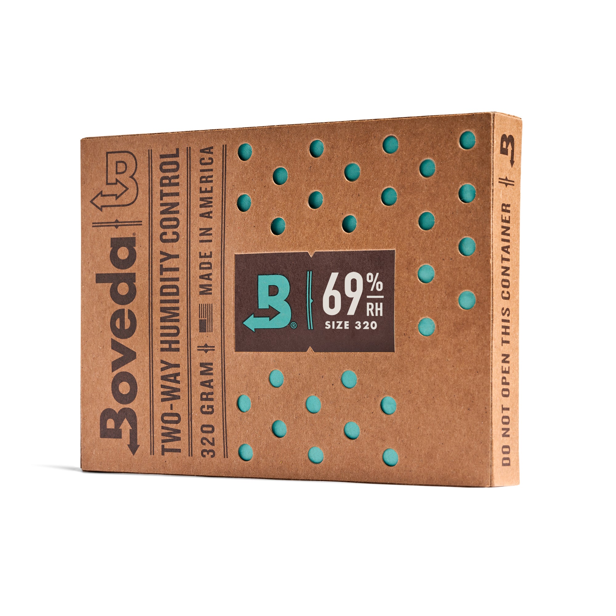 Boveda humidity control pack with brown cardboard and blue dots on a white background