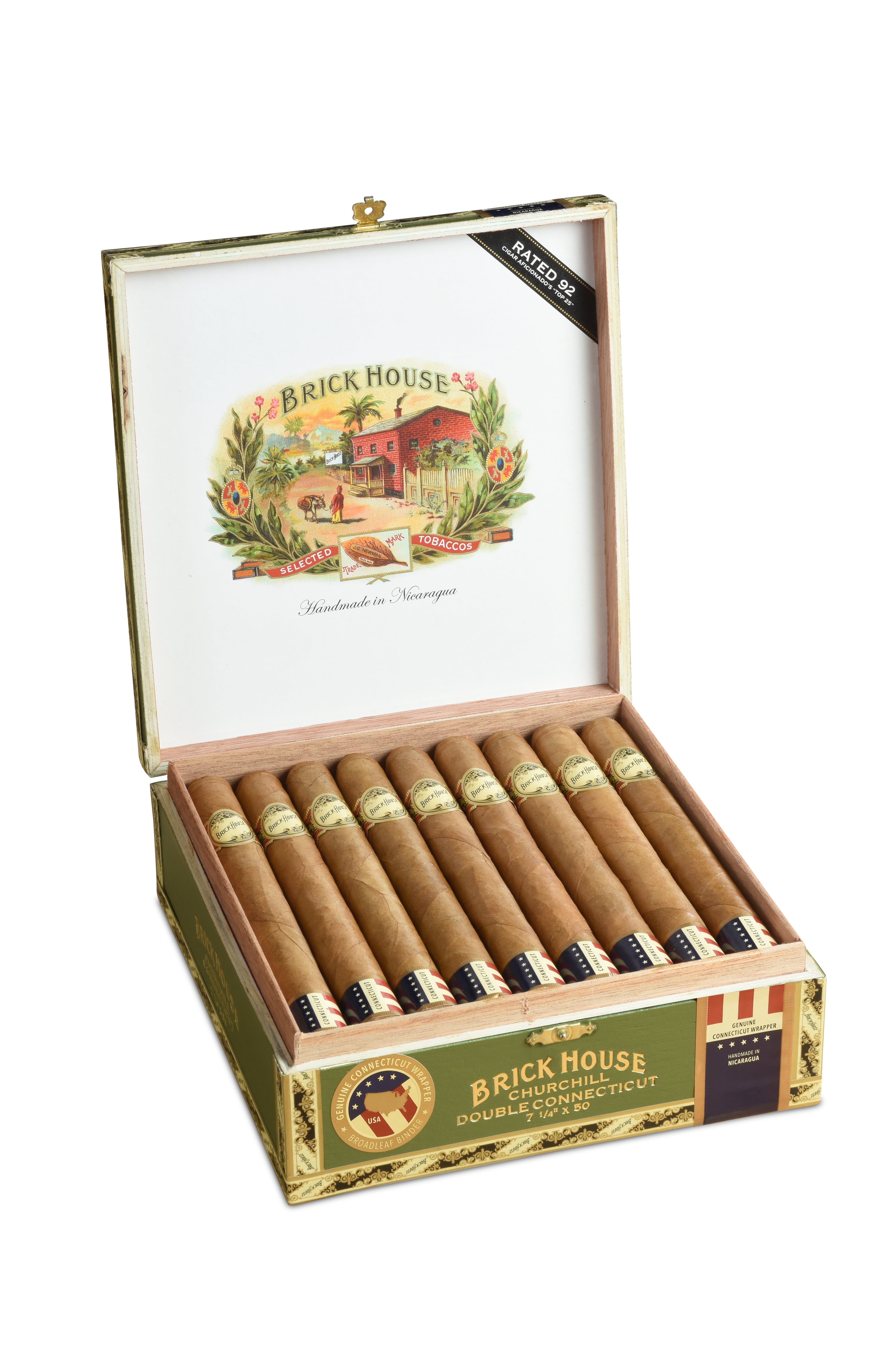 Open box of Brick House cigars with cigars visible inside on a white background