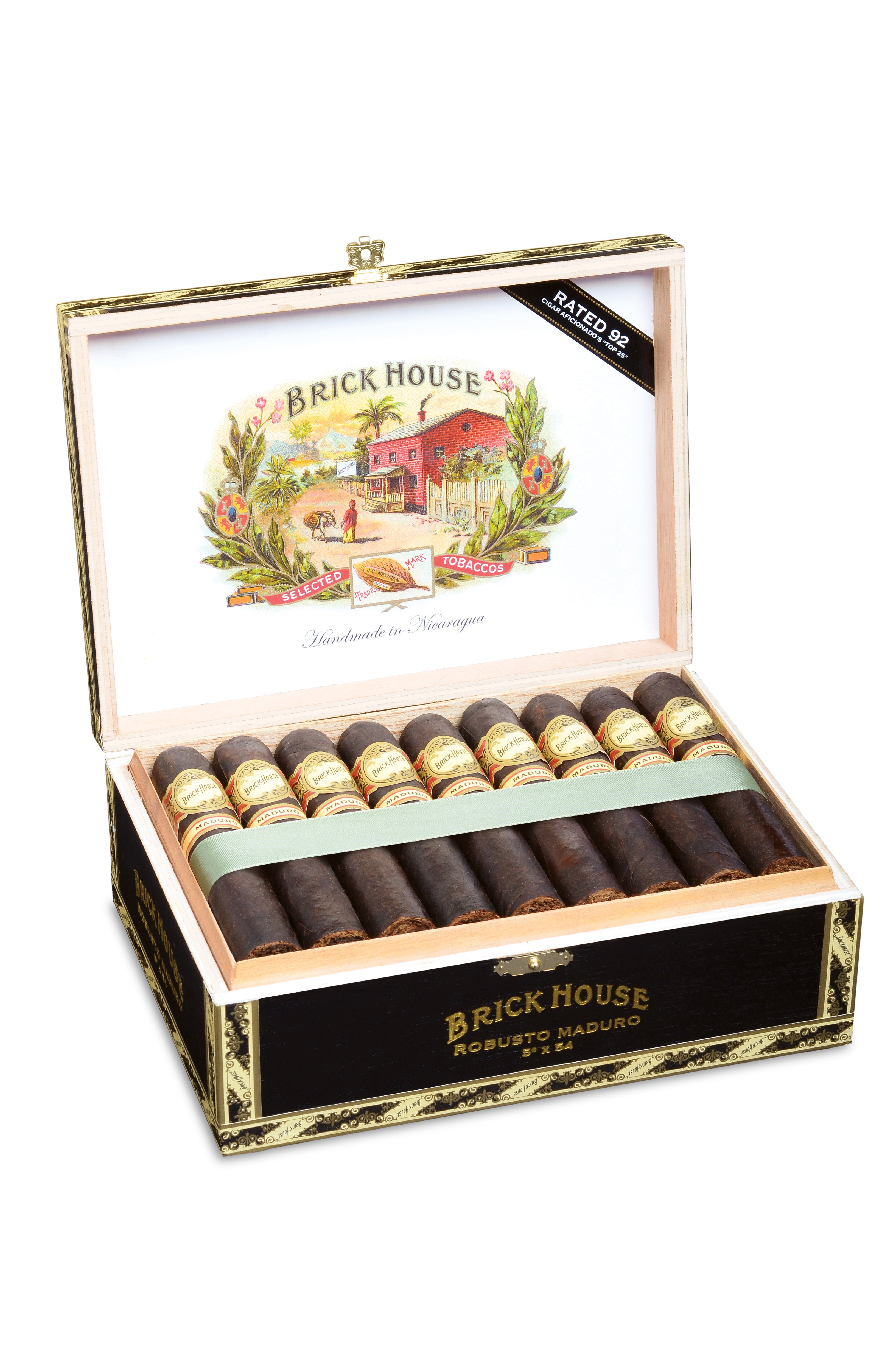 Open cigar box with cigars inside, featuring 'Brick House' branding on a white background.