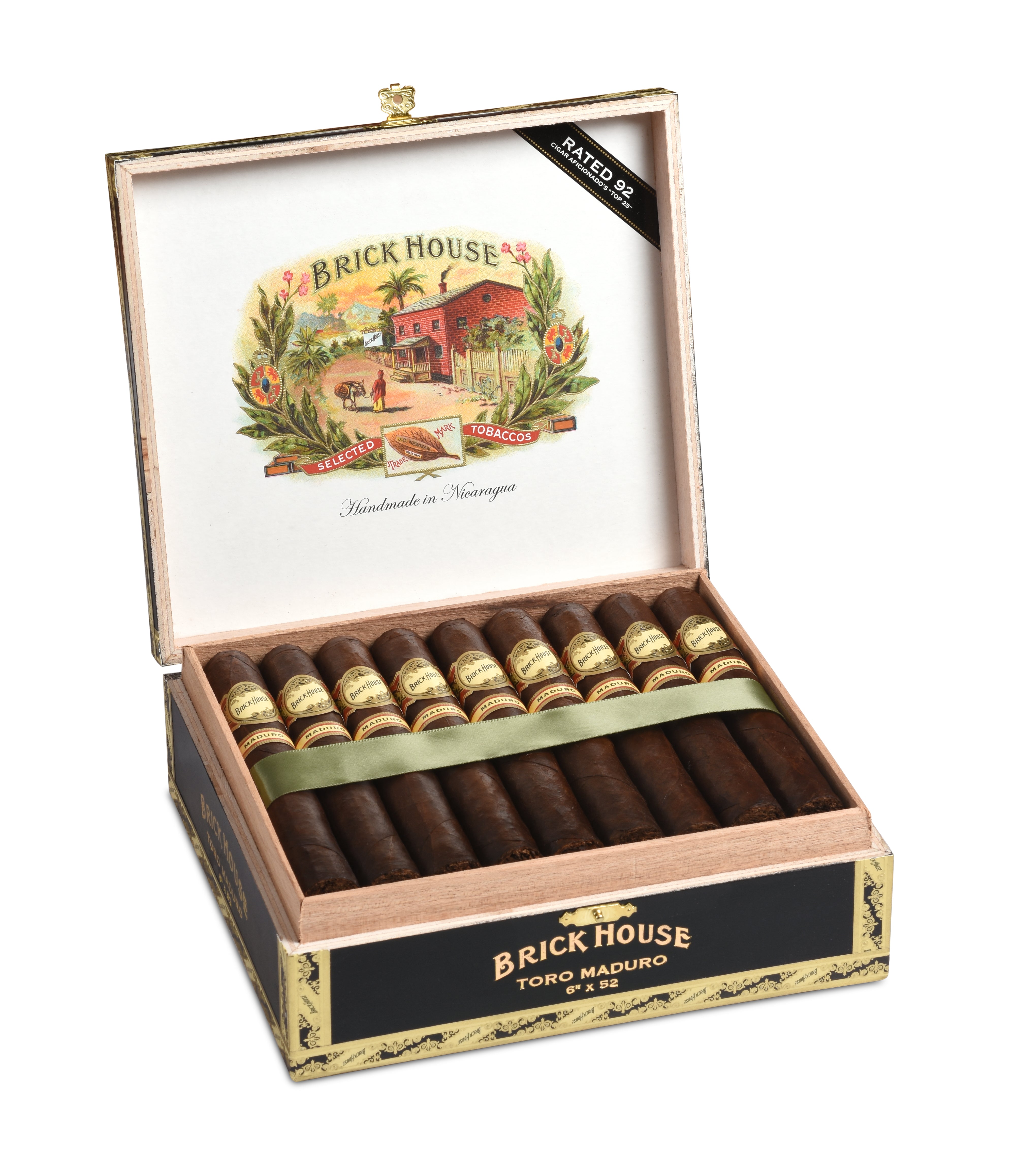 Open box of Brick House cigars with cigars inside on a white background