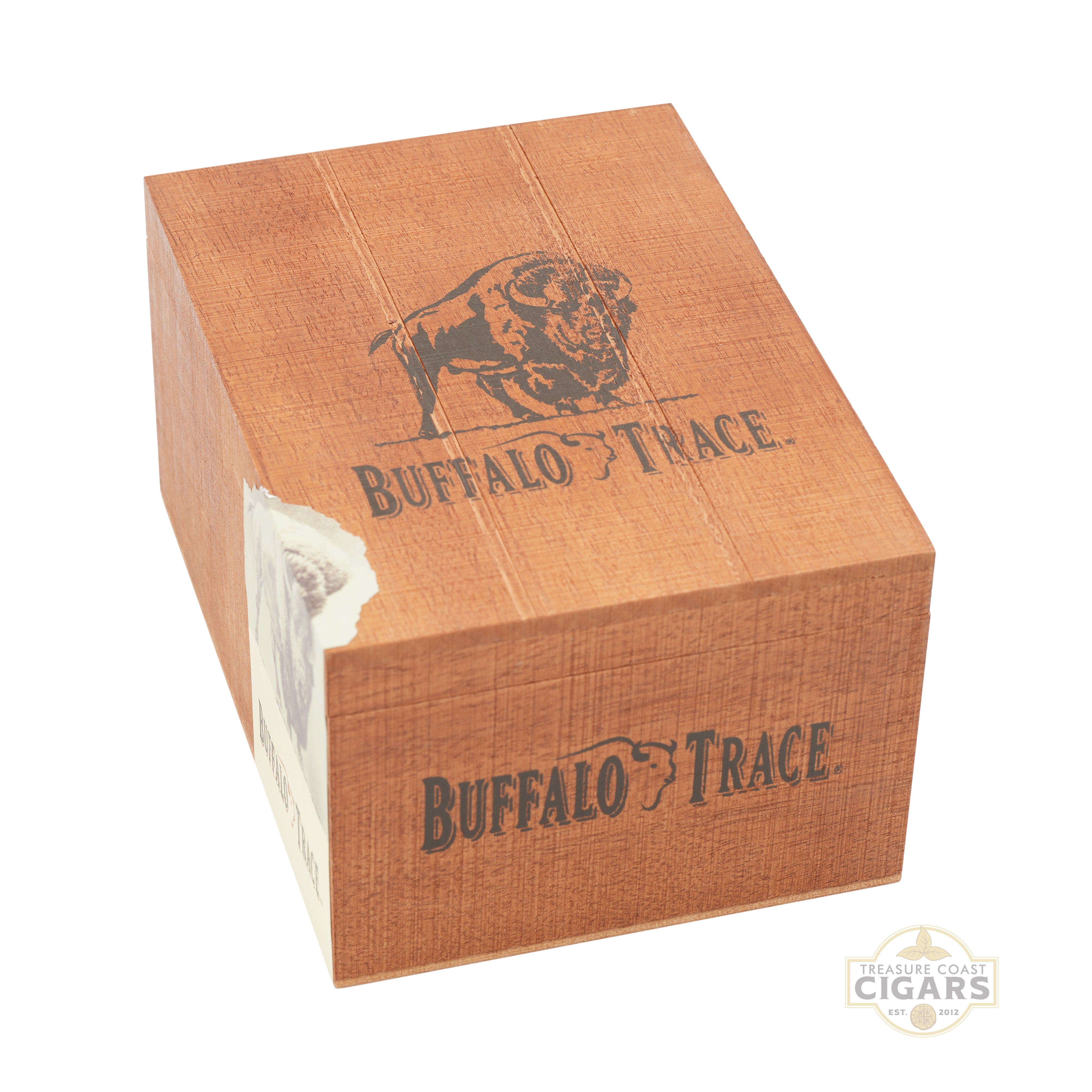 Wooden box with Buffalo Trace branding on a white background