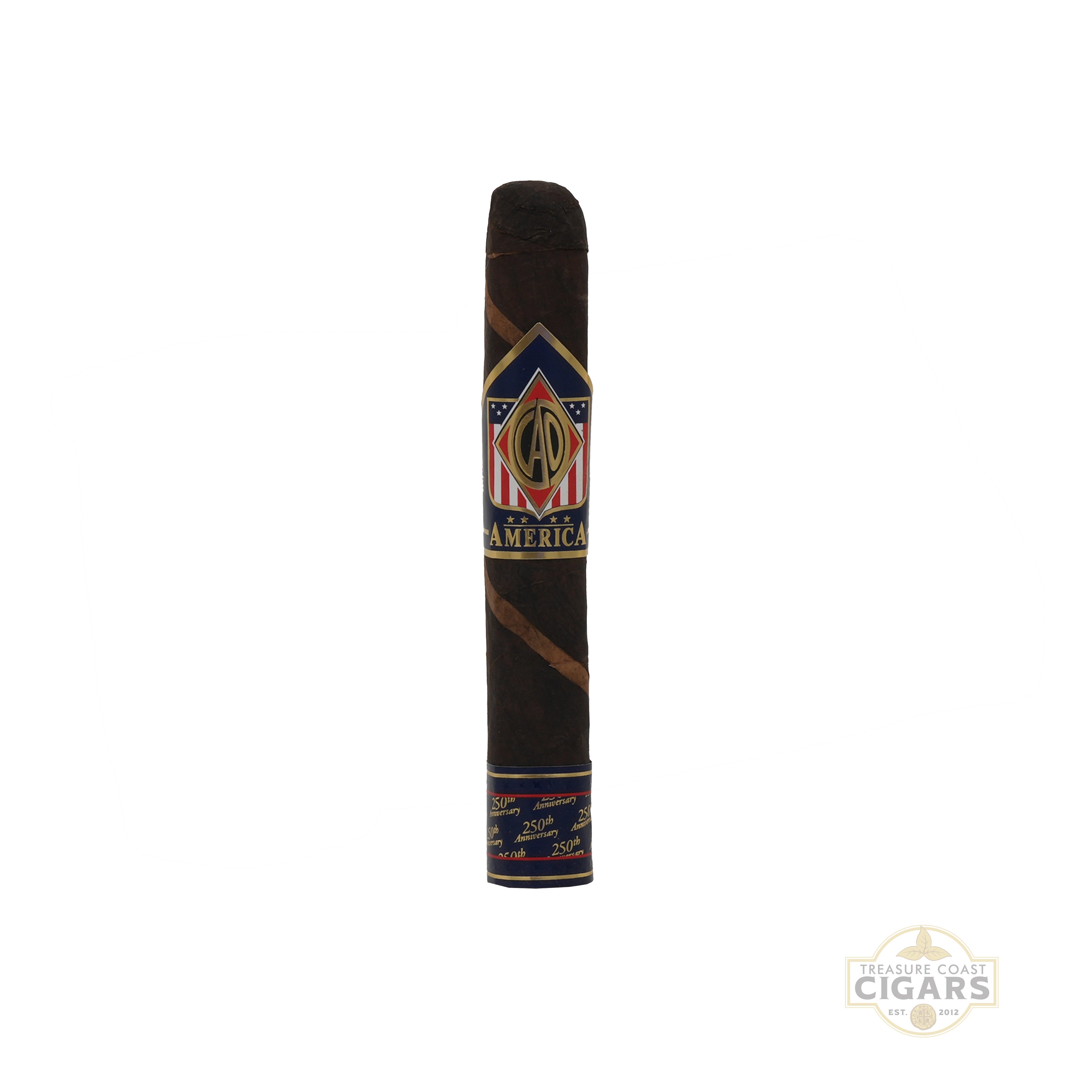 A CAO America 250 single cigar on a white background