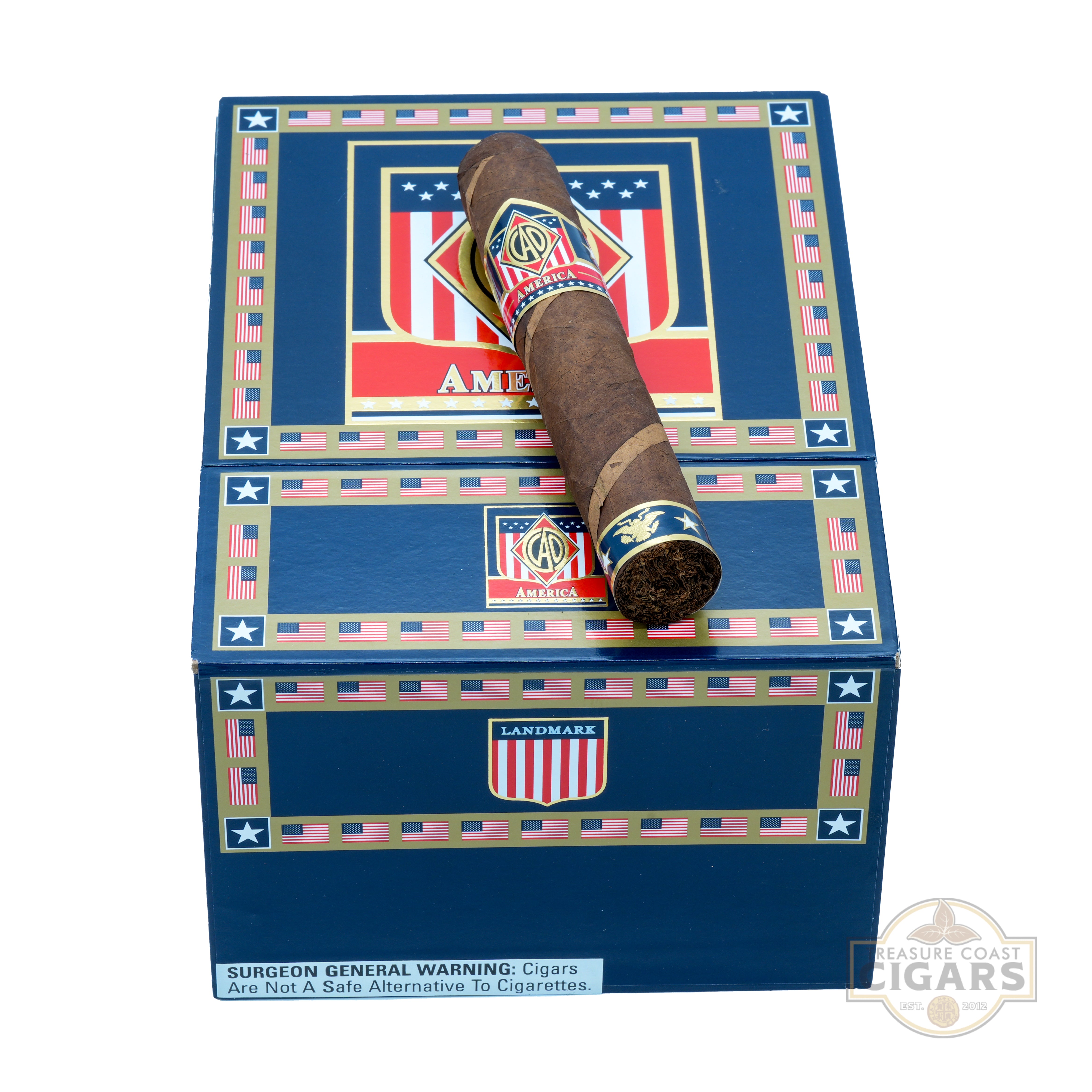 CAO America Landmark cigar box with a single cigar on top featuring American flag design