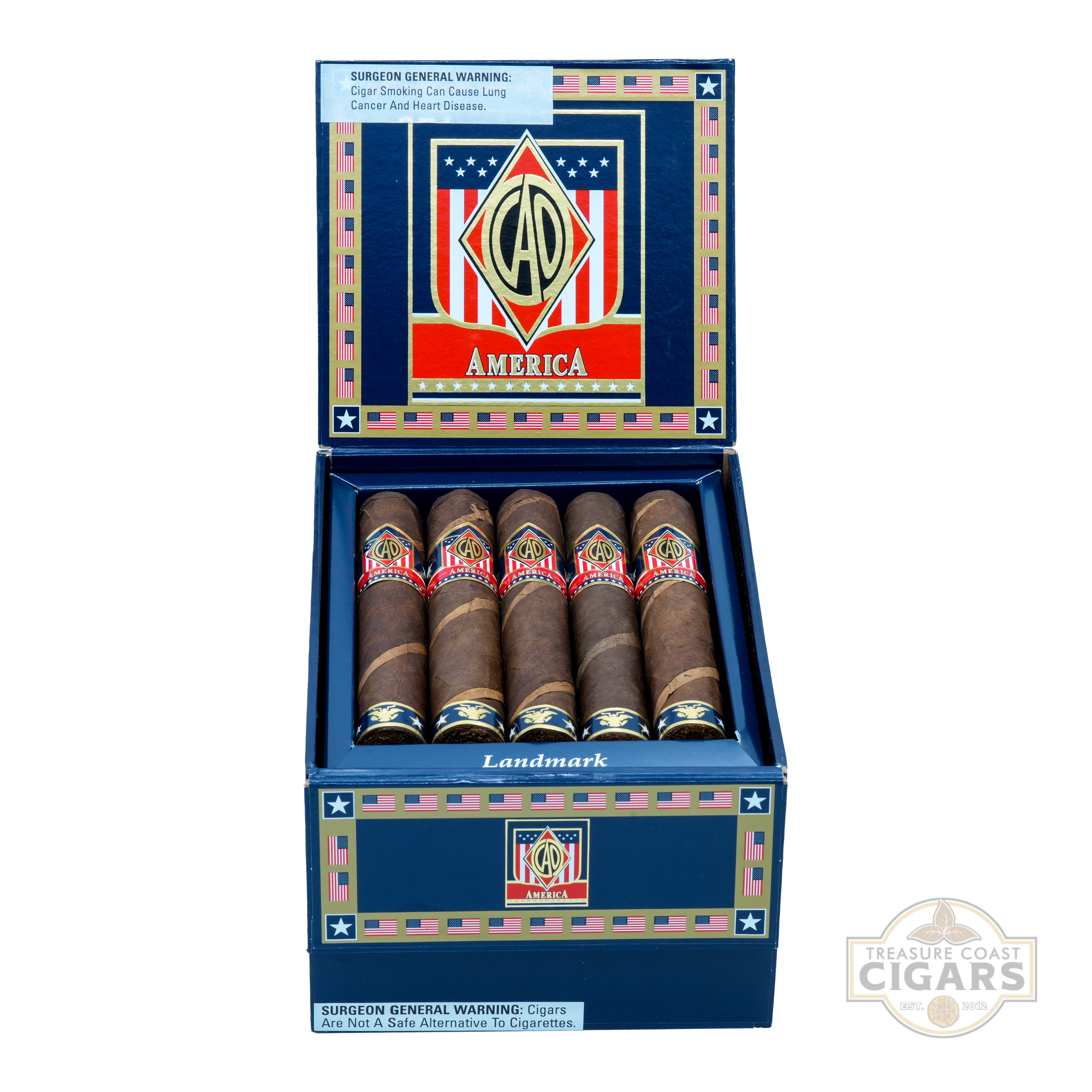 Box of CAO America Landmark cigars with a prominent display on a white background