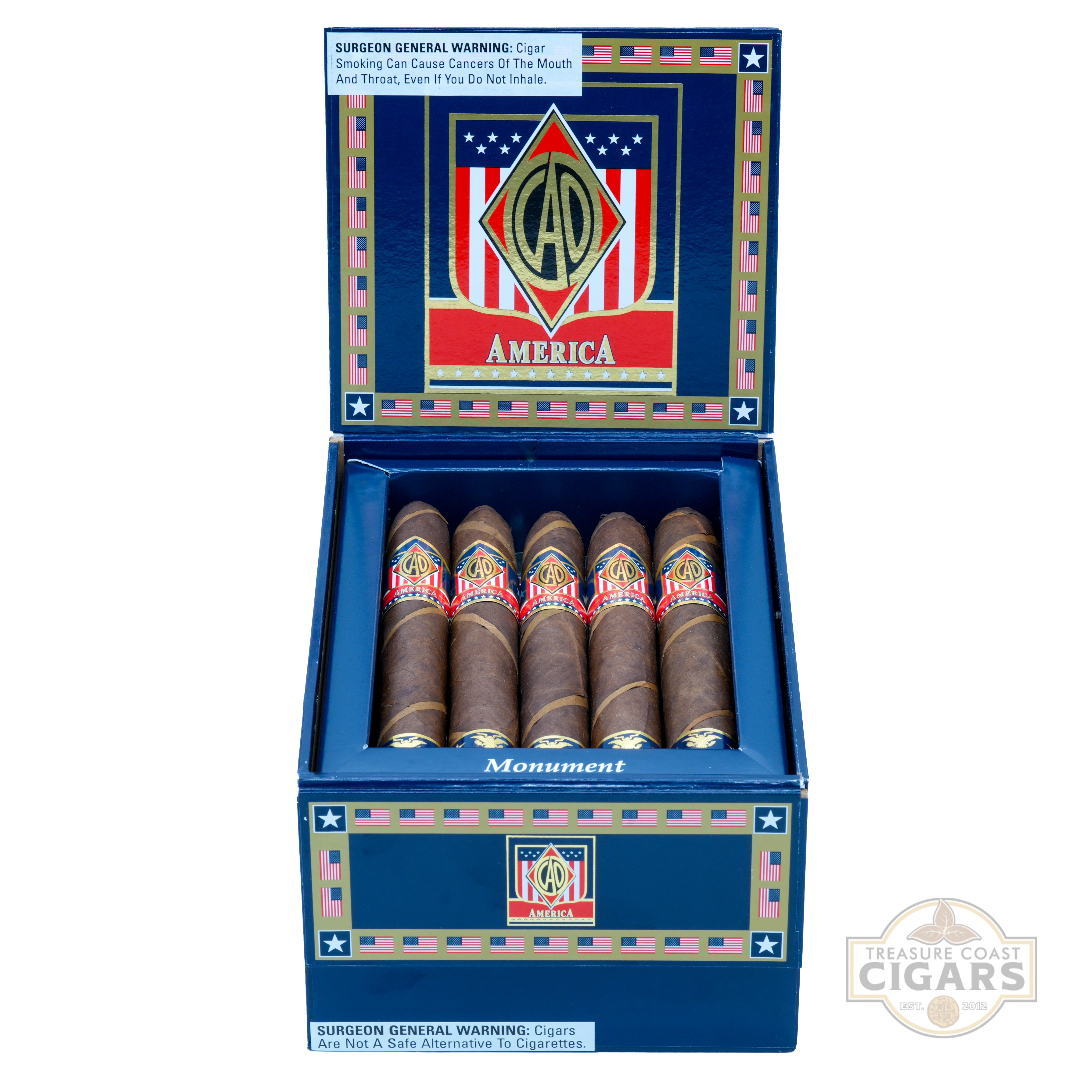 Box of CAO America cigars with a visible brand logo on a white background