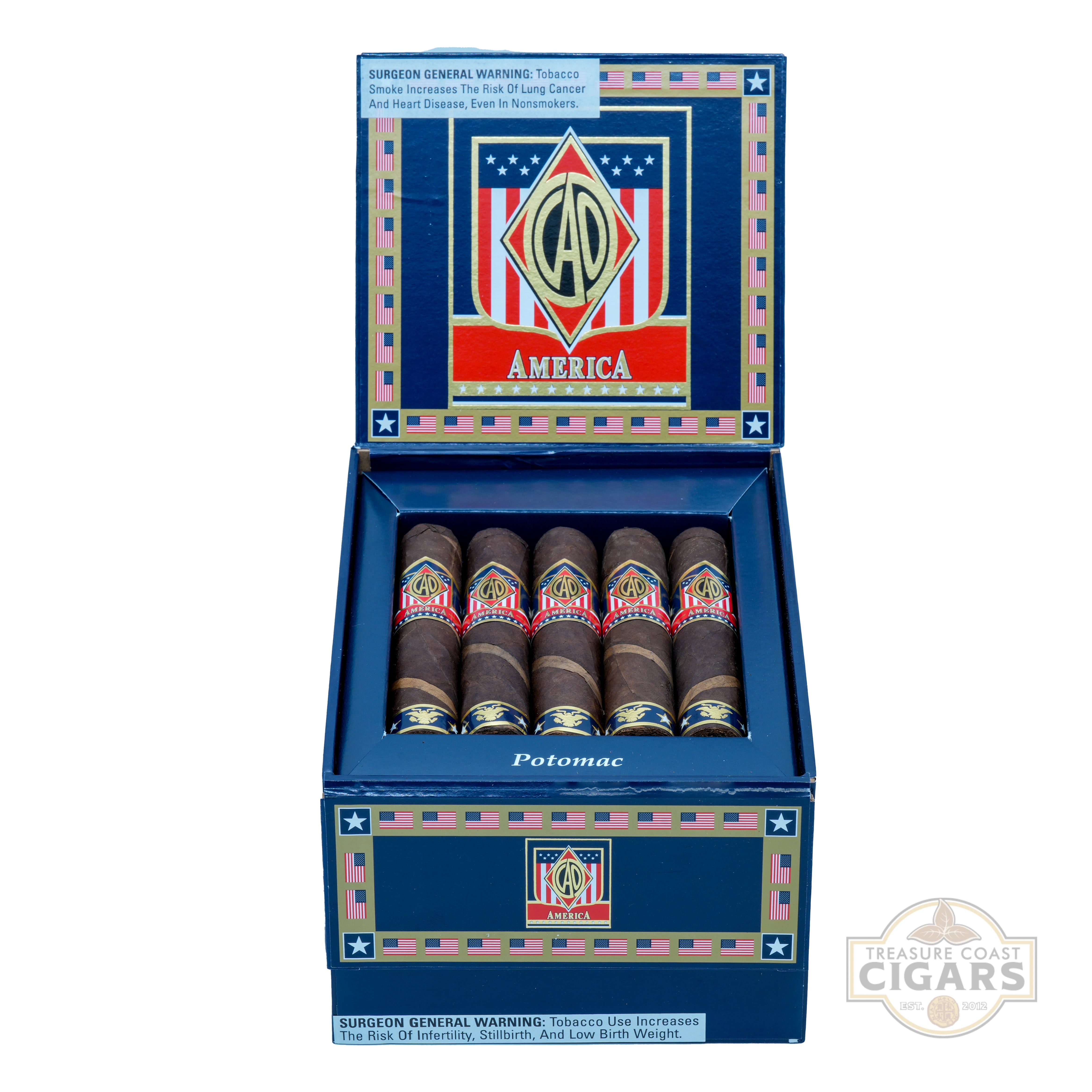 Box of CAO America cigars with a visible brand logo on a white background