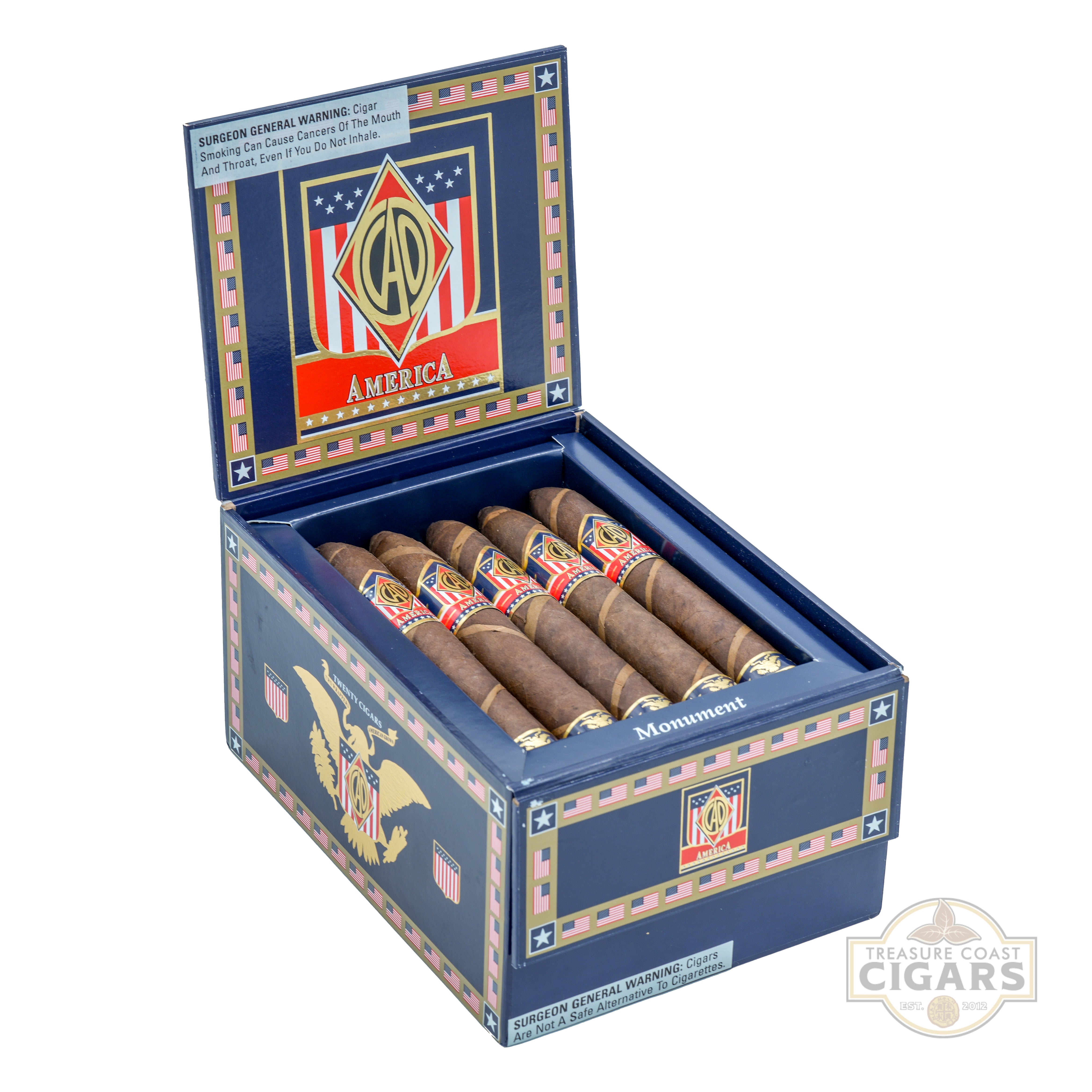 Open box of C.A.O. cigars with visible branding on a white background