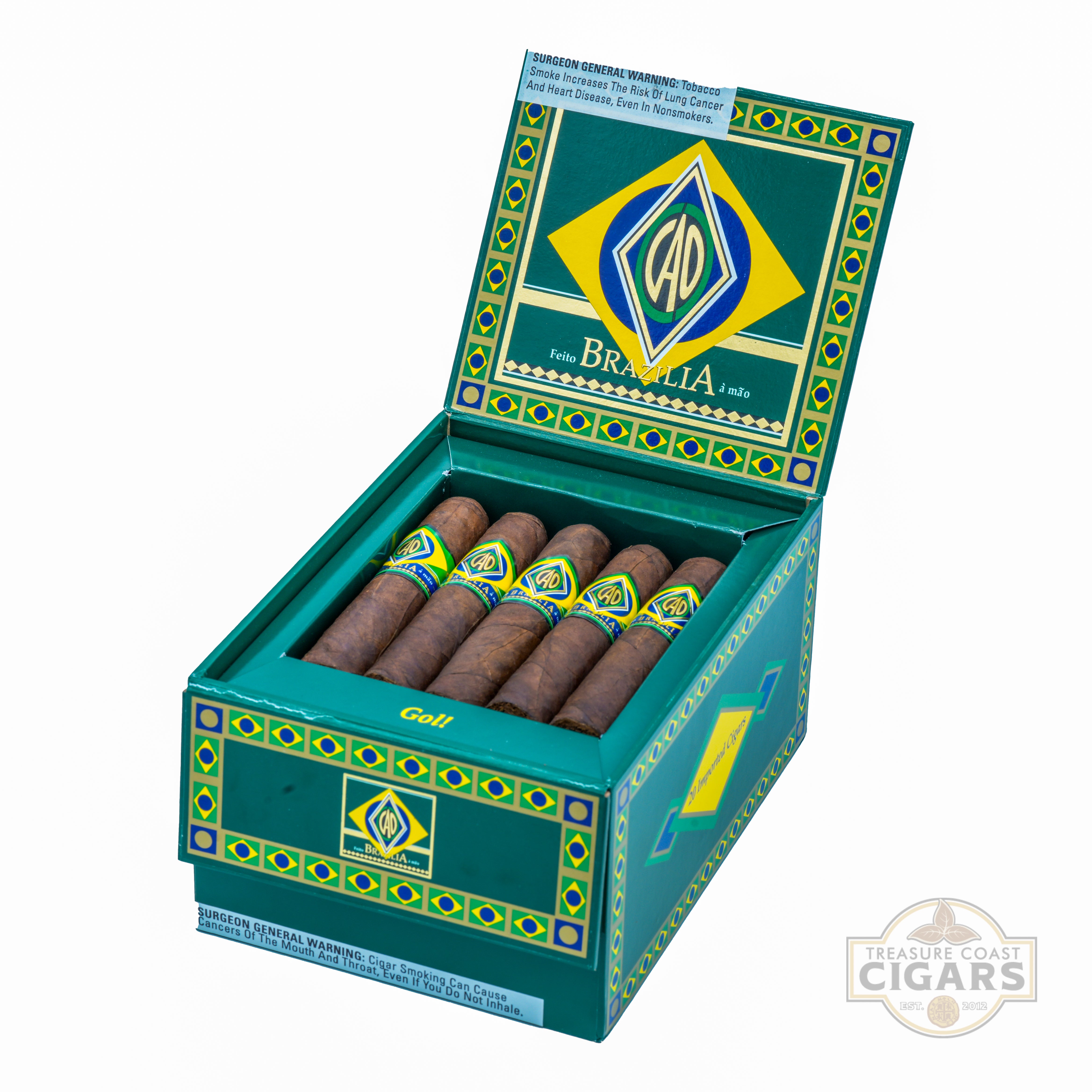 Box of CAO Cigarillos with Brazilian flag design on a white background