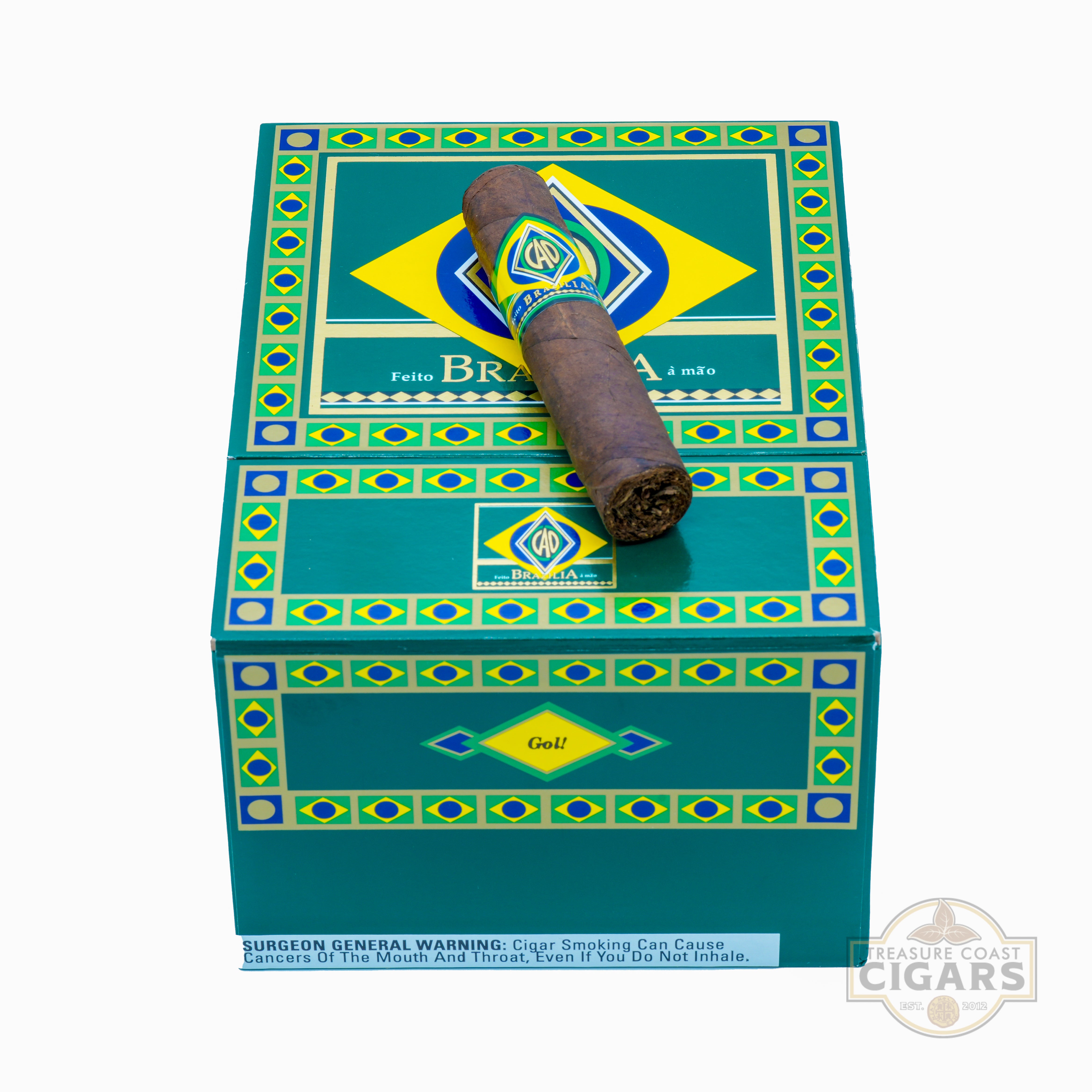 CAO Brazilia Gol! Cigar box with Brazilian flag design featuring a cigar on a white background