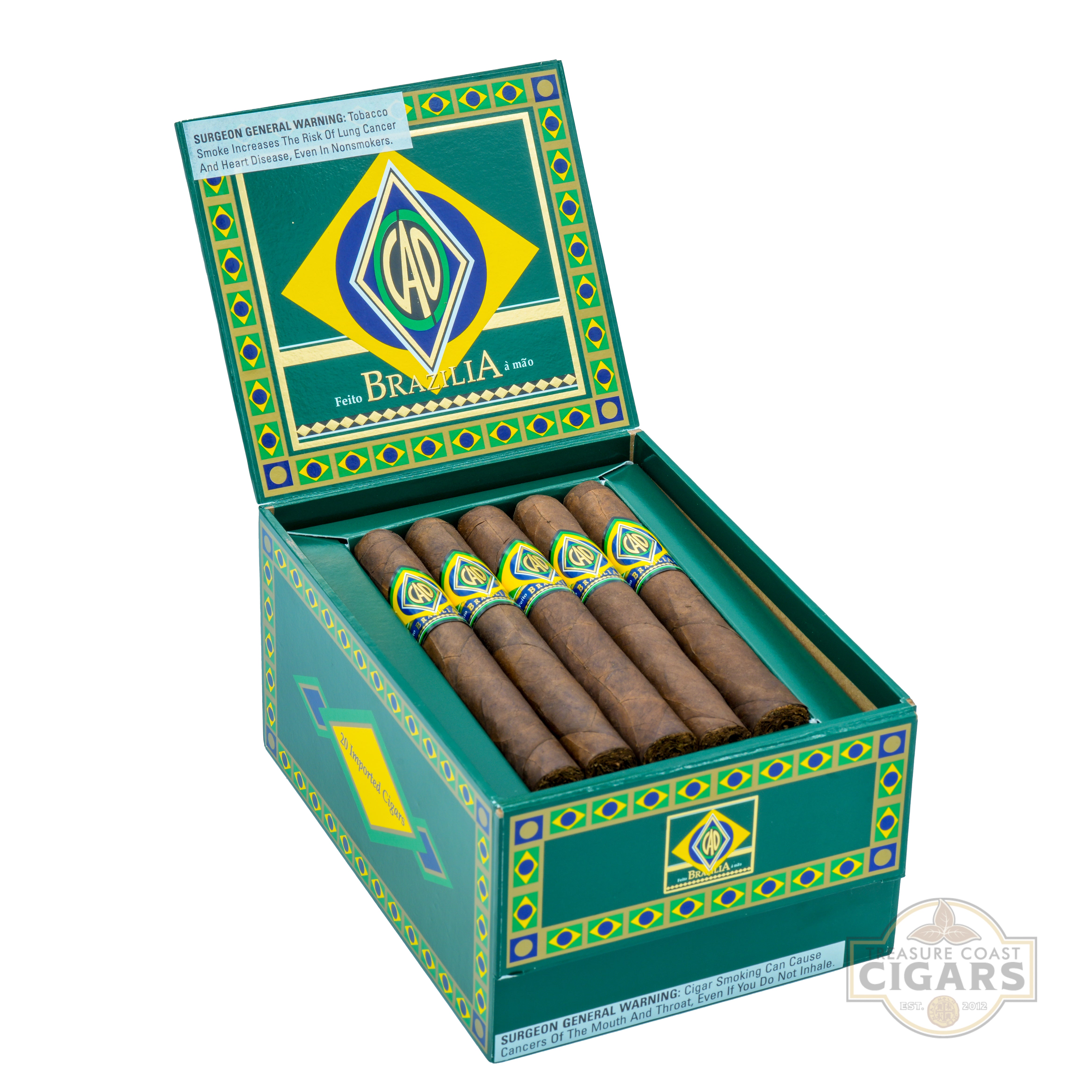 Box of C.A.O. Brazilia cigars with Brazilian flag design on a white background