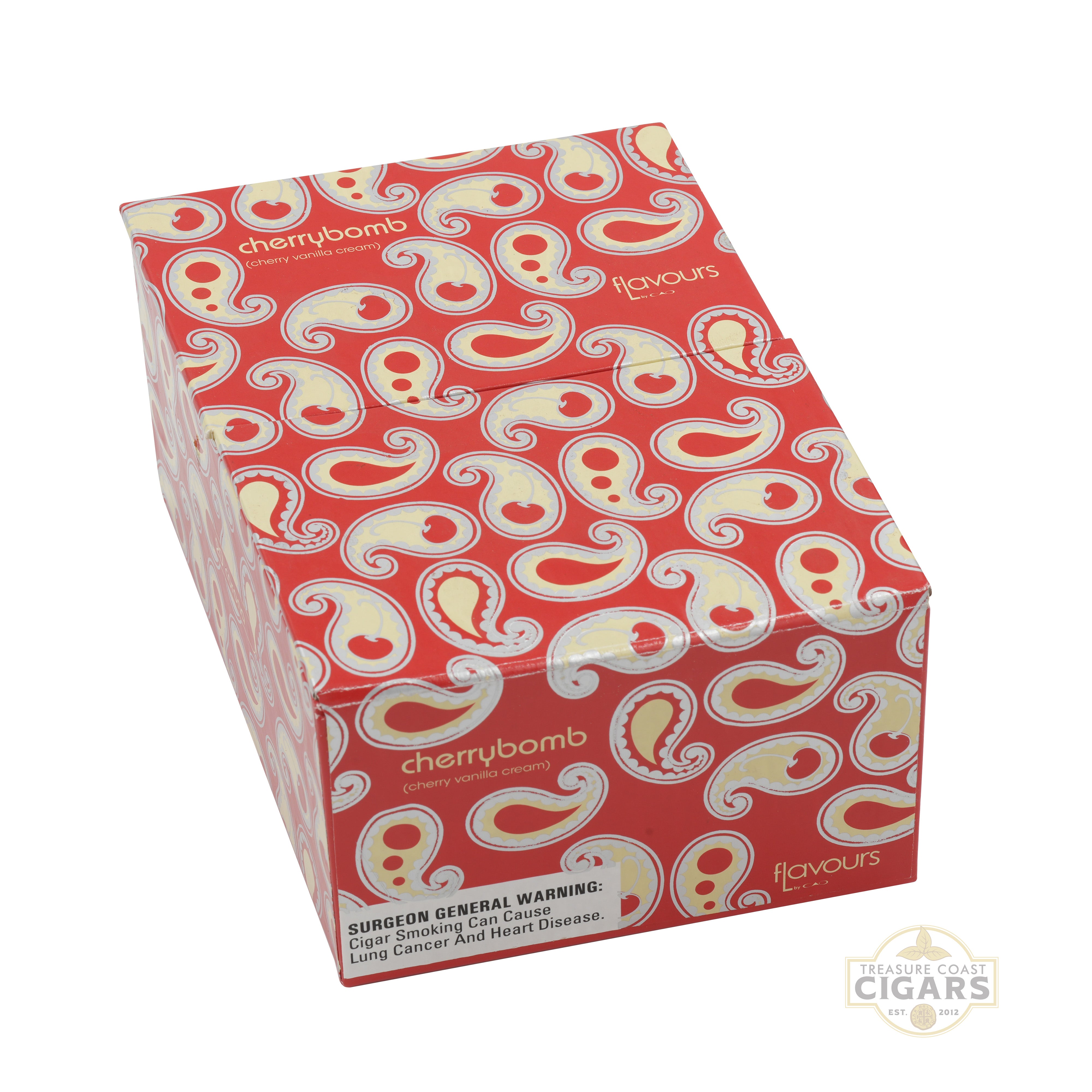 Box of cherrybomb cigars with red and white pattern on a white background