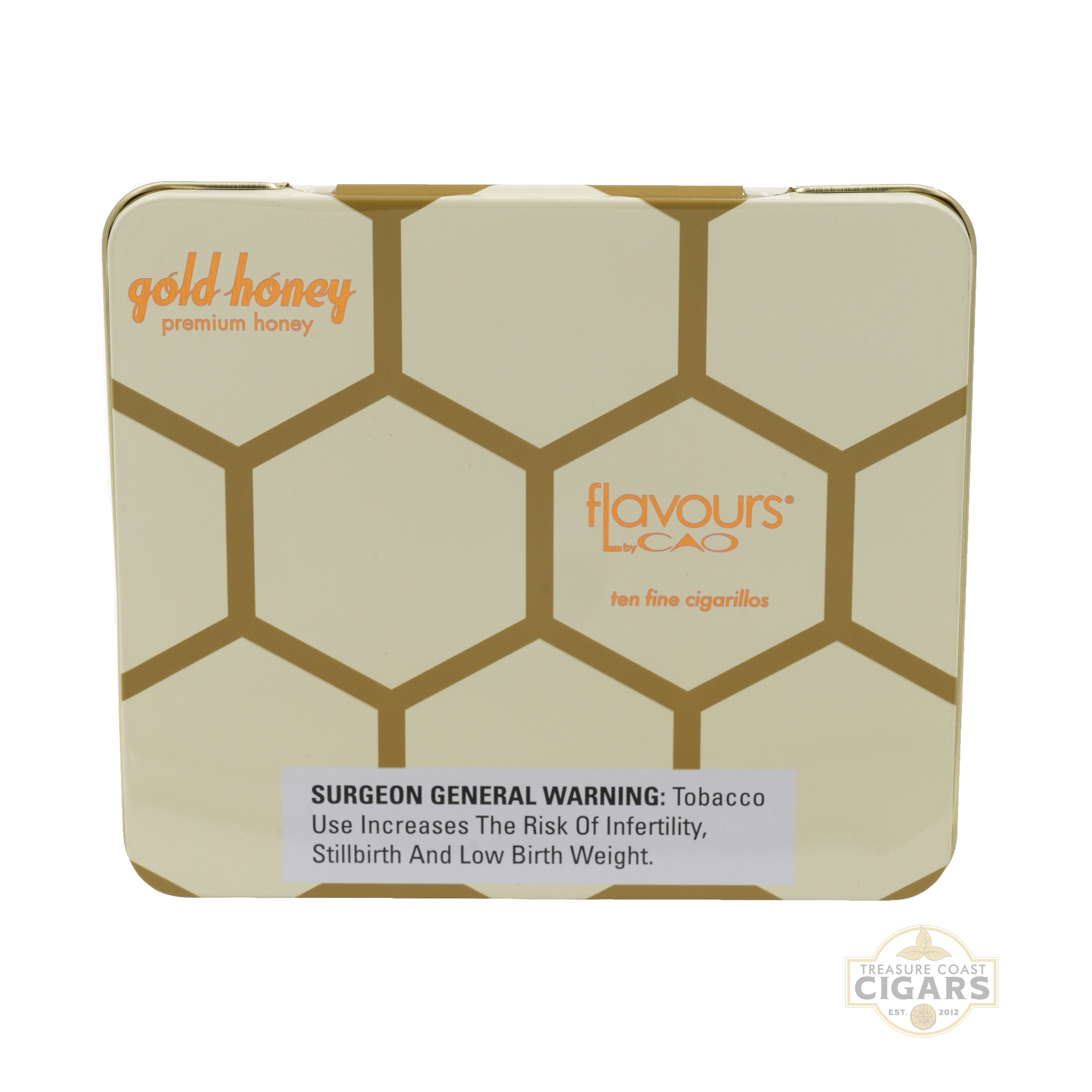 Gold honey premium honey flavoured product packaging with hexagonal pattern and 'flavours' branding.