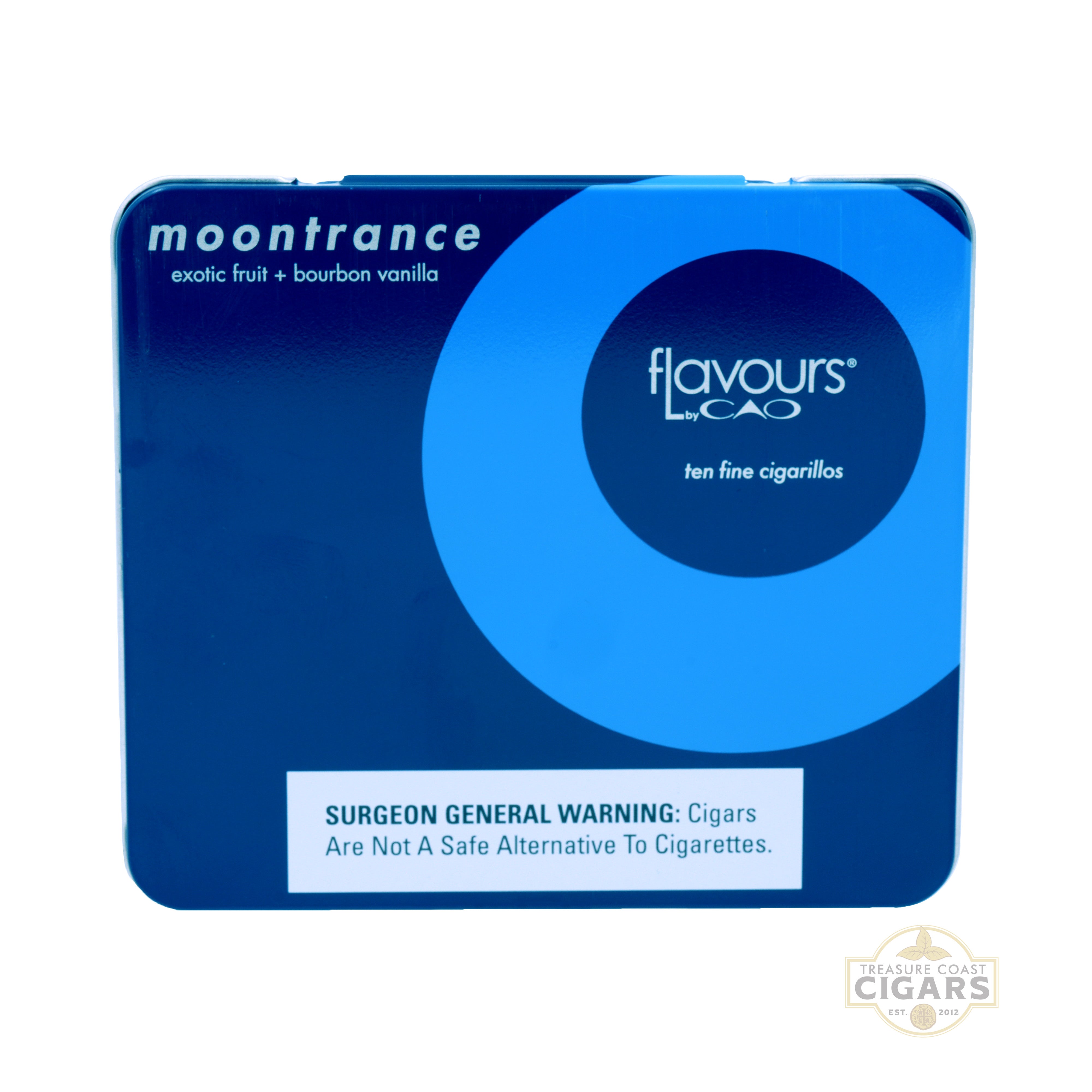 Blue packaging of Flavours by CAO with 'moontrance' flavor description on a white background