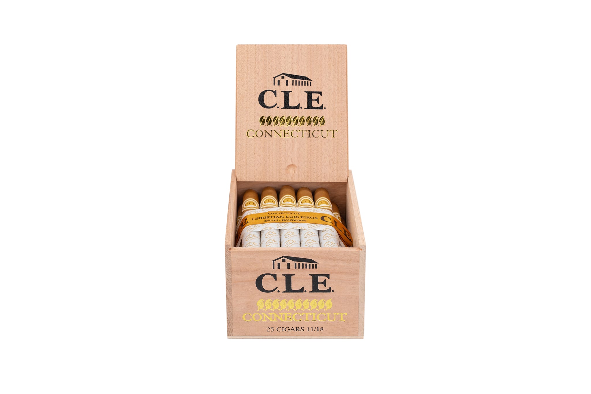 Box of CLE Connecticut cigars on a white background