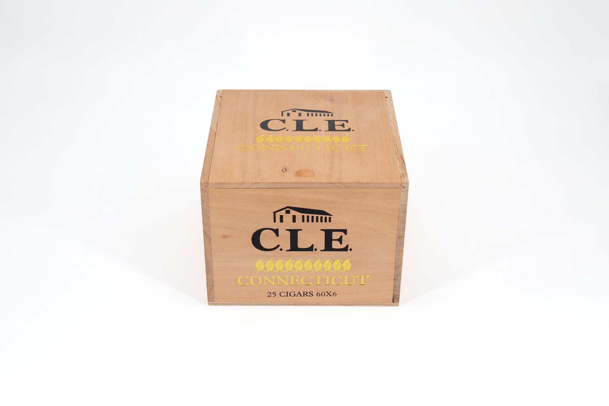 Wooden box with 'CLE Connecticut' branding on a white background