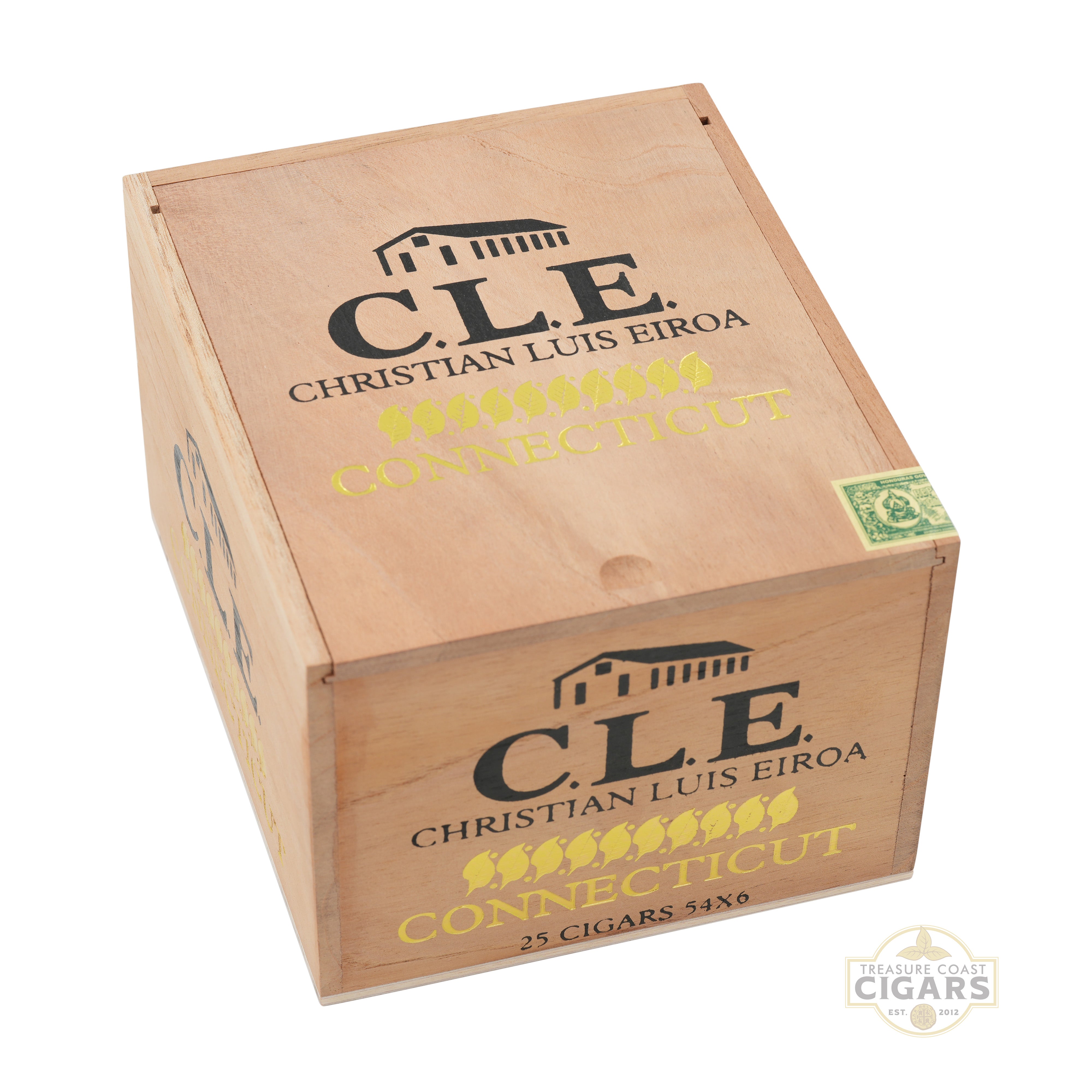 Cigar box with 'C.L.E. Christian Luis Eiroa Connecticut' branding on a white background