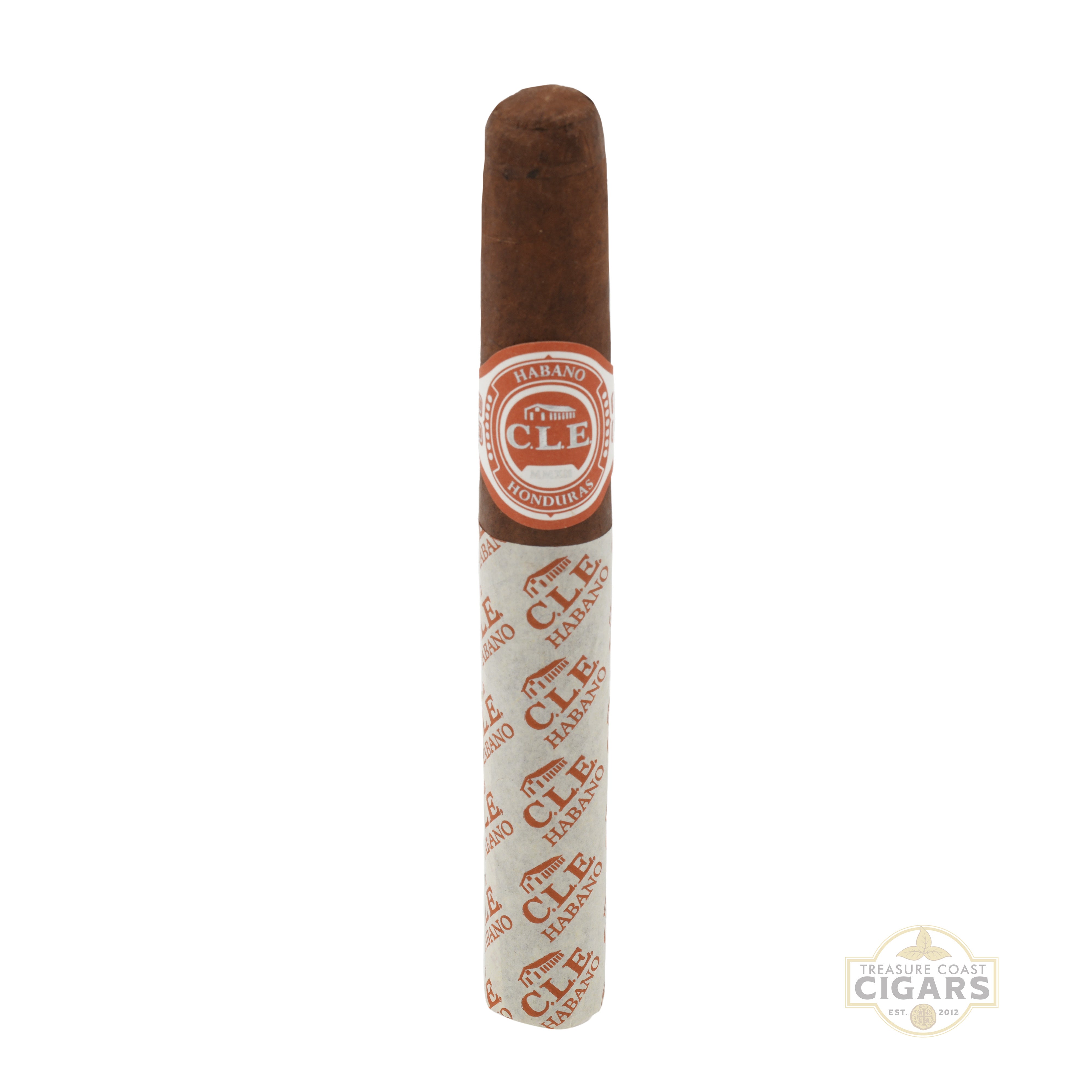 Cigar with 'CLE' branding on a white background
