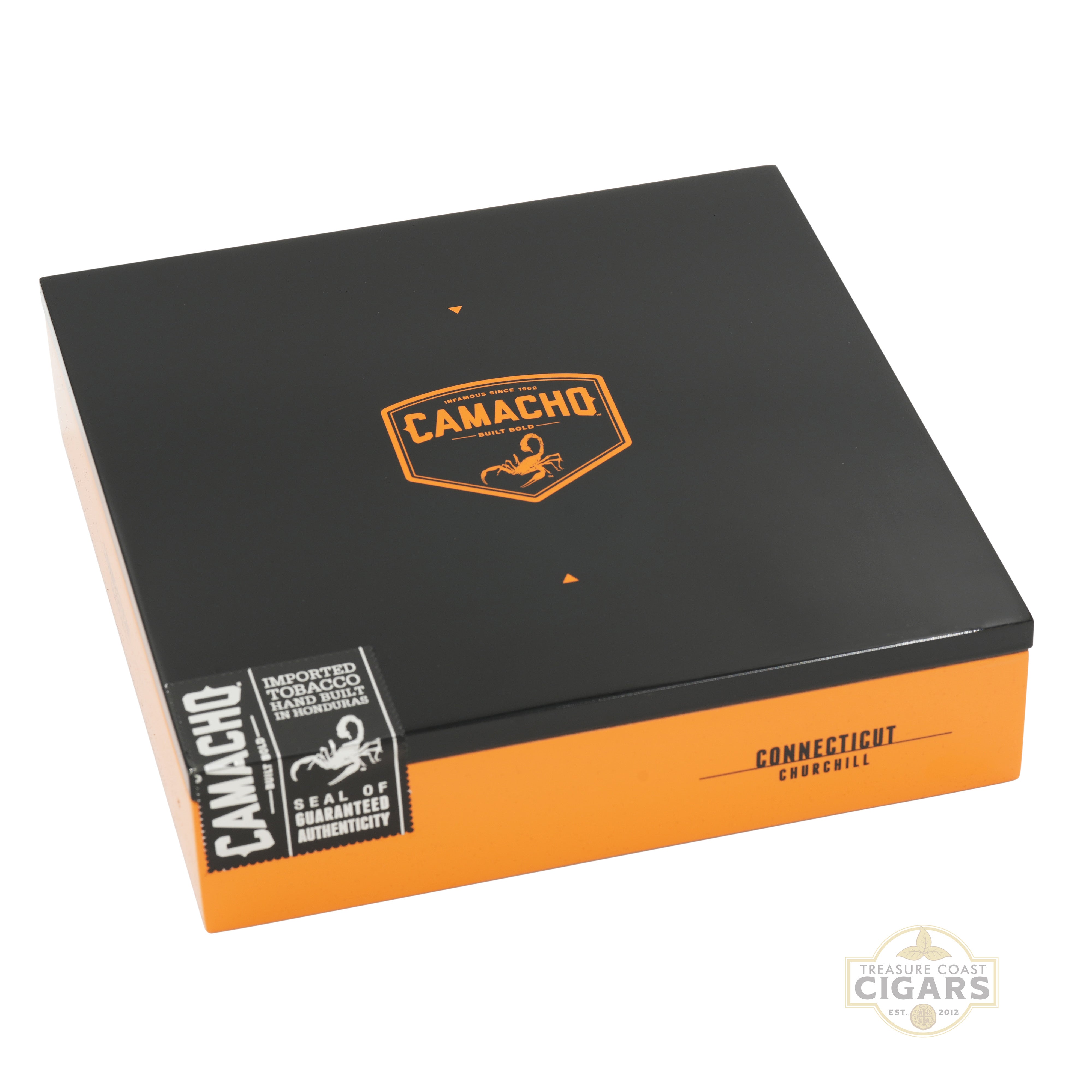 Camacho Connecticut Churchill cigar box with black and yellow design on a white background