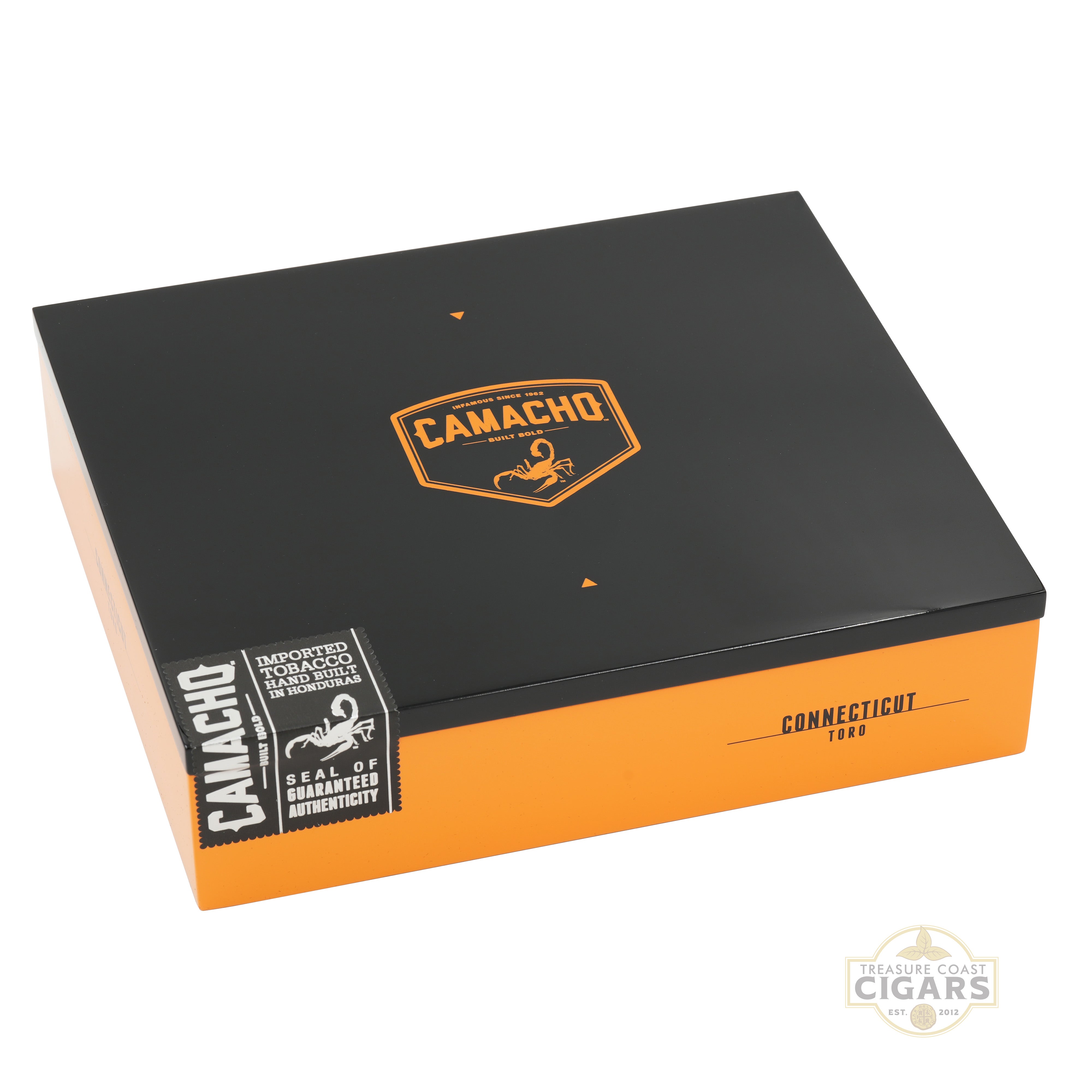 Camacho Connecticut Toro cigar box with black and yellow design on a white background