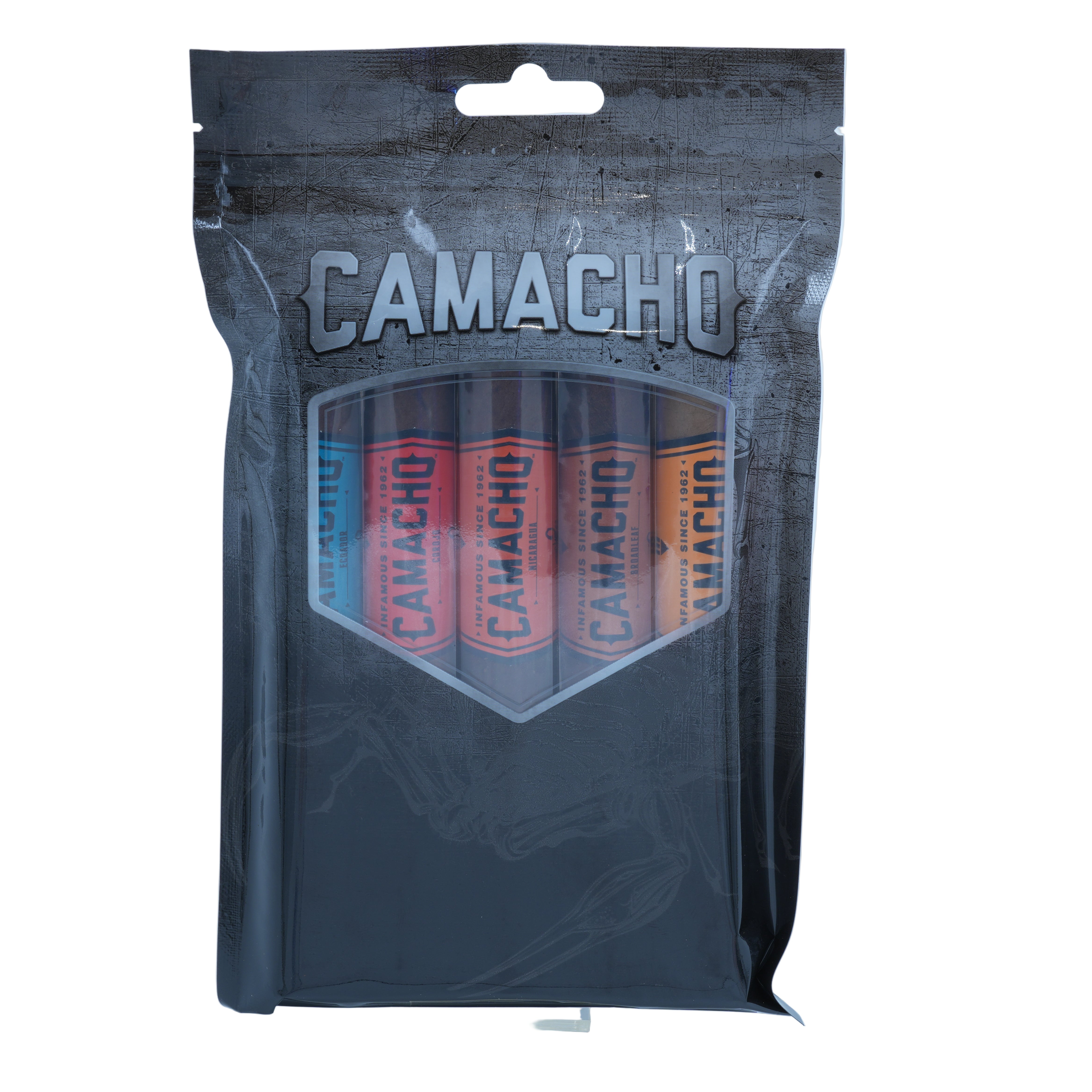 Camacho cigar packaging with transparent window showing cigars inside on a light blue background