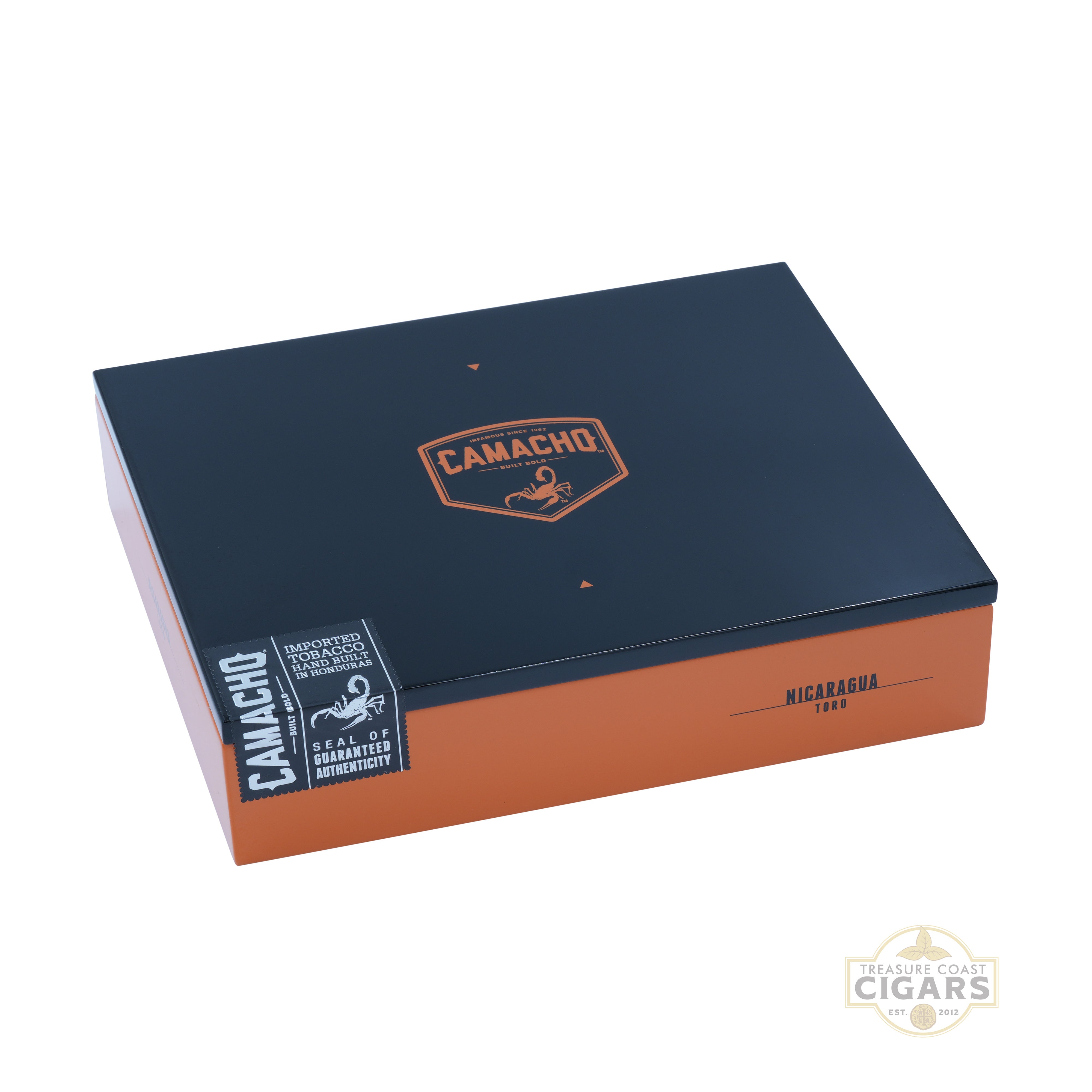 Camacho Nicaragua Toro cigar box with black and orange design on a white background