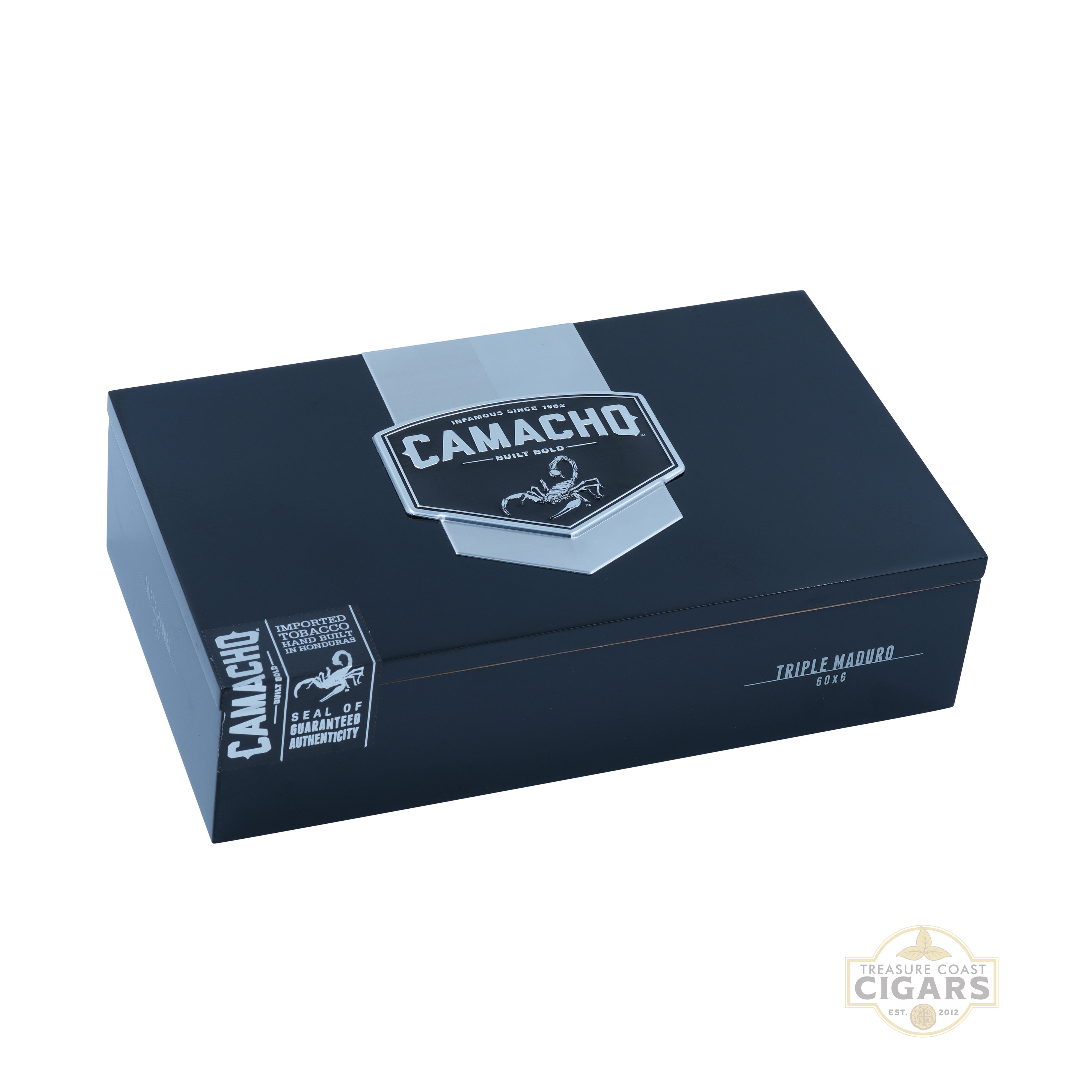 Camacho Triple Maduro 60 x 6 cigar box with brand logo on a white background